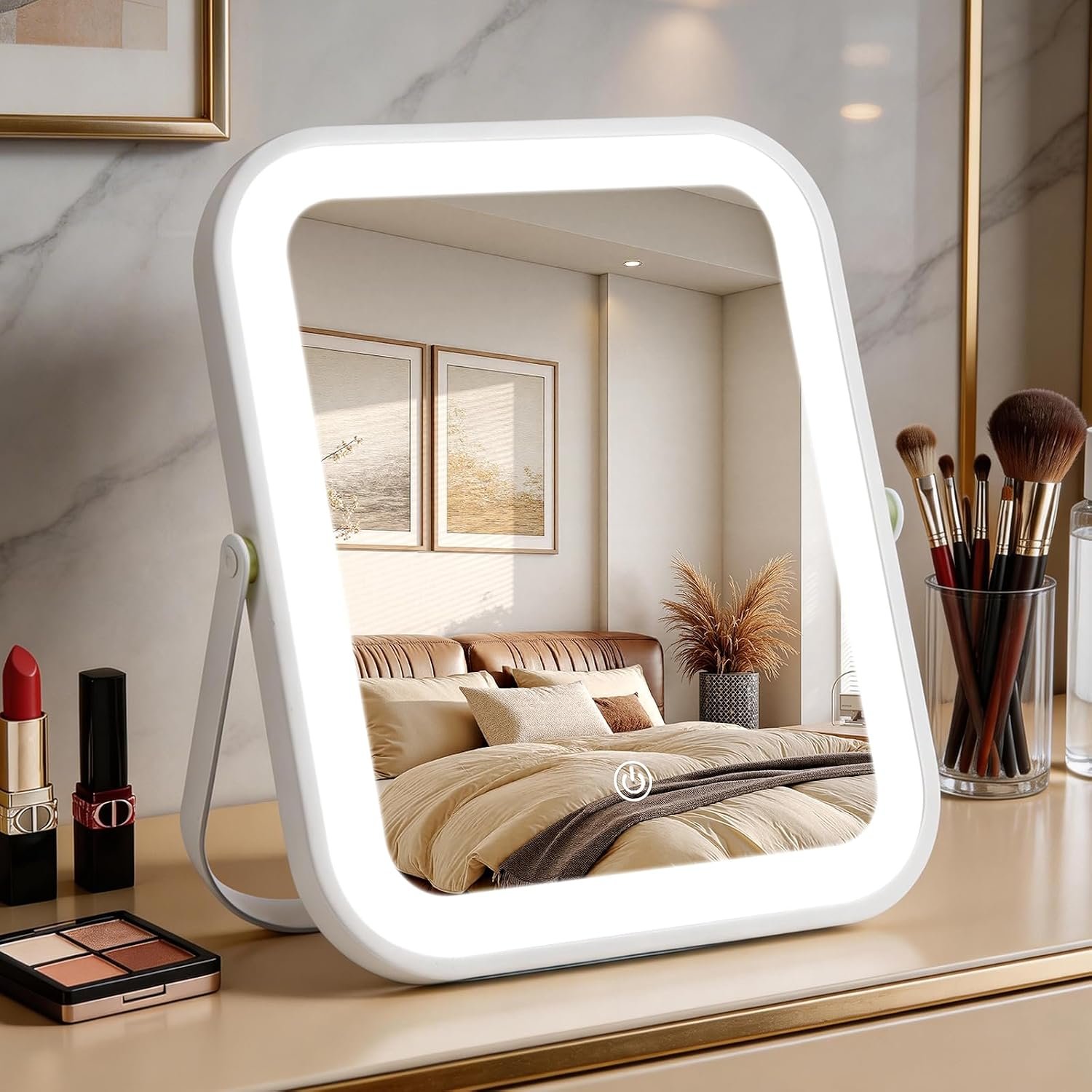 Rechargeable Vanity Mirror with Lights, 10″×8″ Makeup Mirror with Lights, 1500mAH Battery, Smart Touch with 3-Color Lighting, Dimmable, HD Desk Mirror, Travel Essentials, Women Gift (White)
