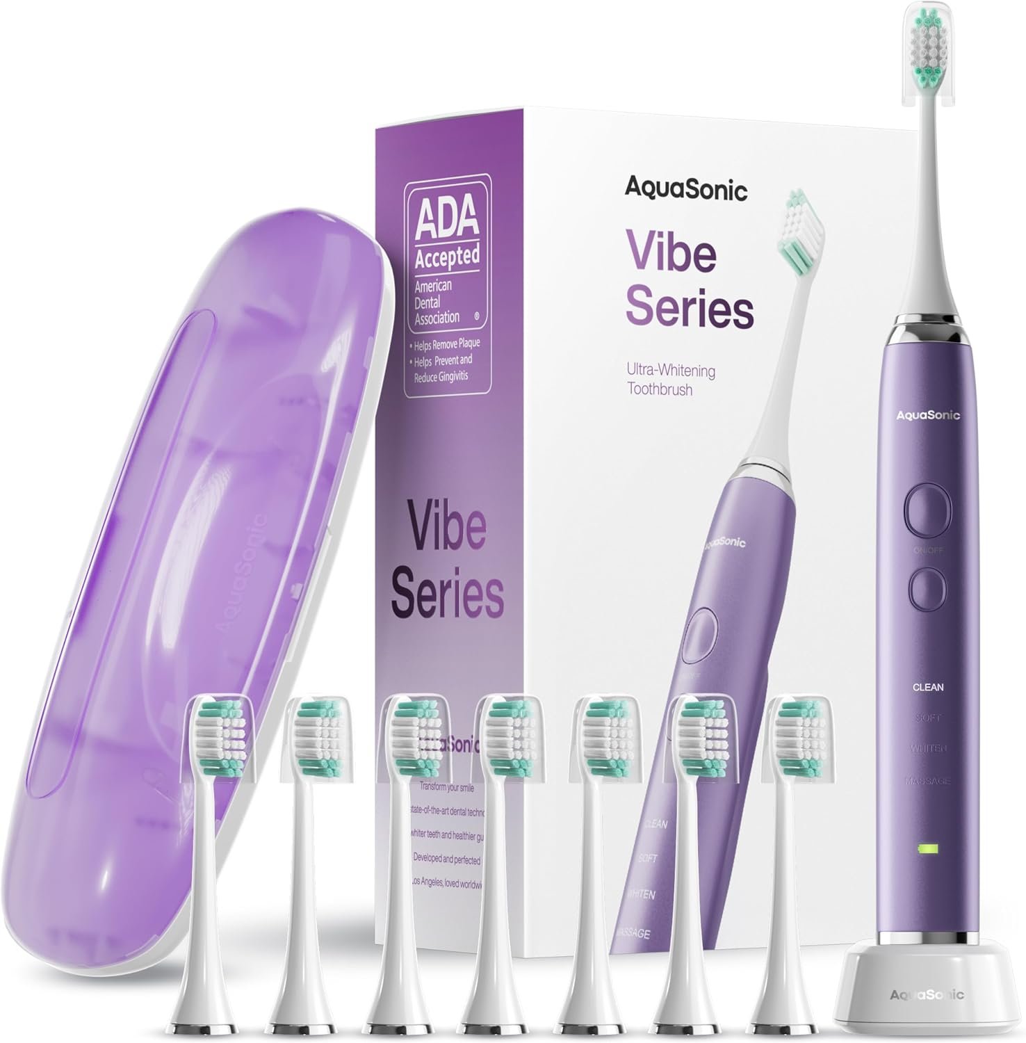 Aquasonic Vibe Series Ultra-Whitening Toothbrush – ADA Accepted Electric Toothbrush – 8 Brush Heads & Travel Case – 40,000 VPM Motor & Wireless Charging – 4 Modes w Smart Timer – Satin Violet