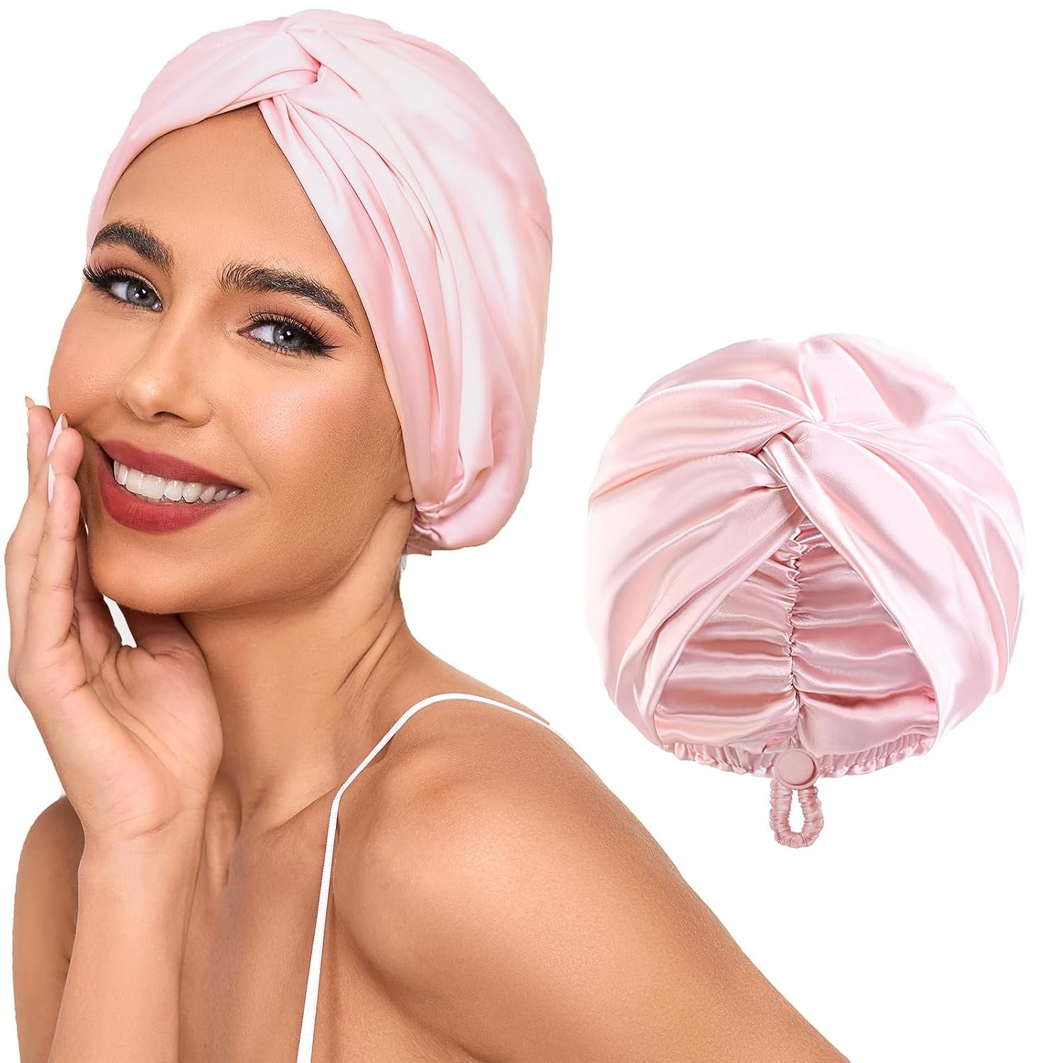 Adjustable Silk Satin Hair Bonnet for Sleeping Women, Double Layer, Silk Hair Wrap for Sleeping Women Men, Curly Natural Braid Straight Unisex – Pink