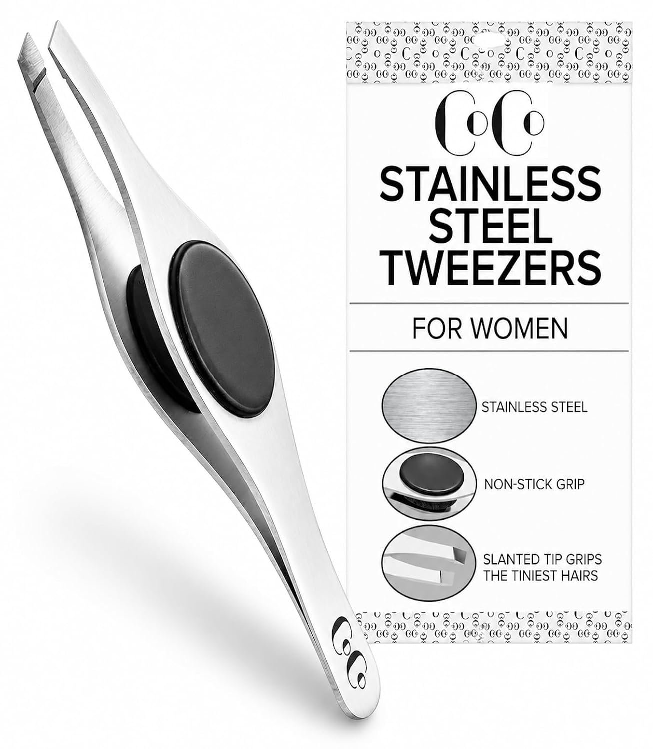 Slant Tip Tweezers for Eyebrows & Facial Hair, Ingrown Hair Removal | Eyebrow Tweezers, Tweezers for Women Facial Hair, Tweezers for Men, Stainless Steel, Non-Slip Grip, Travel Pouch