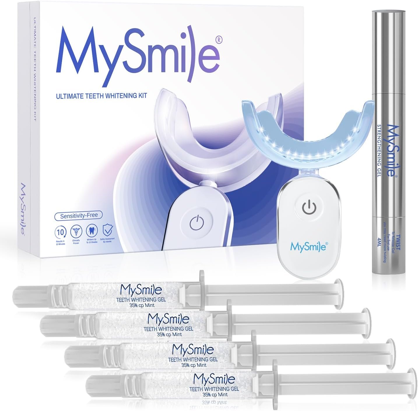 MySmile Teeth Whitening Kit for Sensitive Teeth, 30+ Treatments Whitener | 4*3ml 35% Carbamide Peroxide Whitening Gel+4ml Remineralization Pen & 28LED Whitening Tray Light, Remove Years of Stains