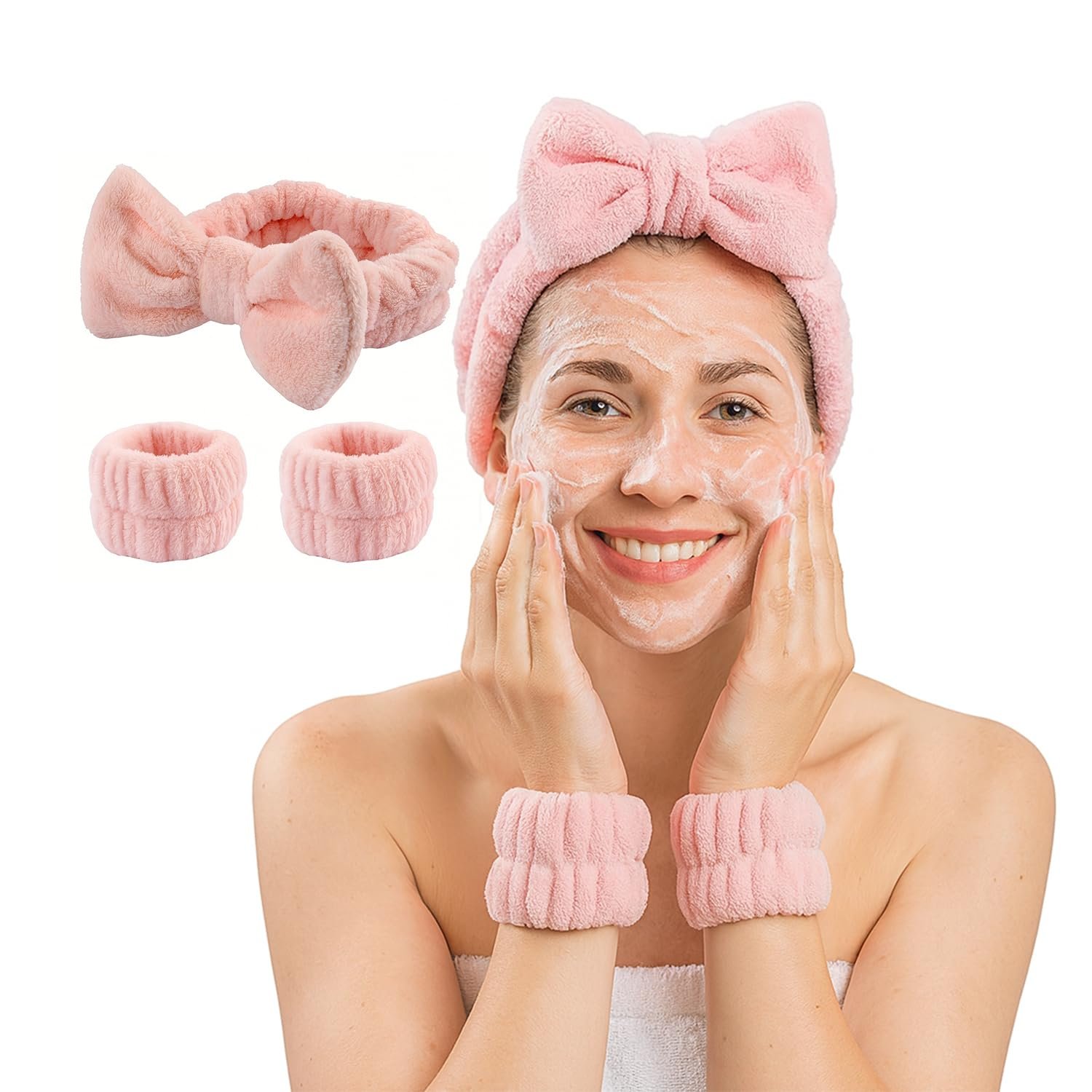 3-Piece Skincare Headband and Wristband Set, Fluffy Bow Spa & Face Wash Makeup Headband for Washing Face, Soft Microfiber Skin Care Tools for Women – Blush