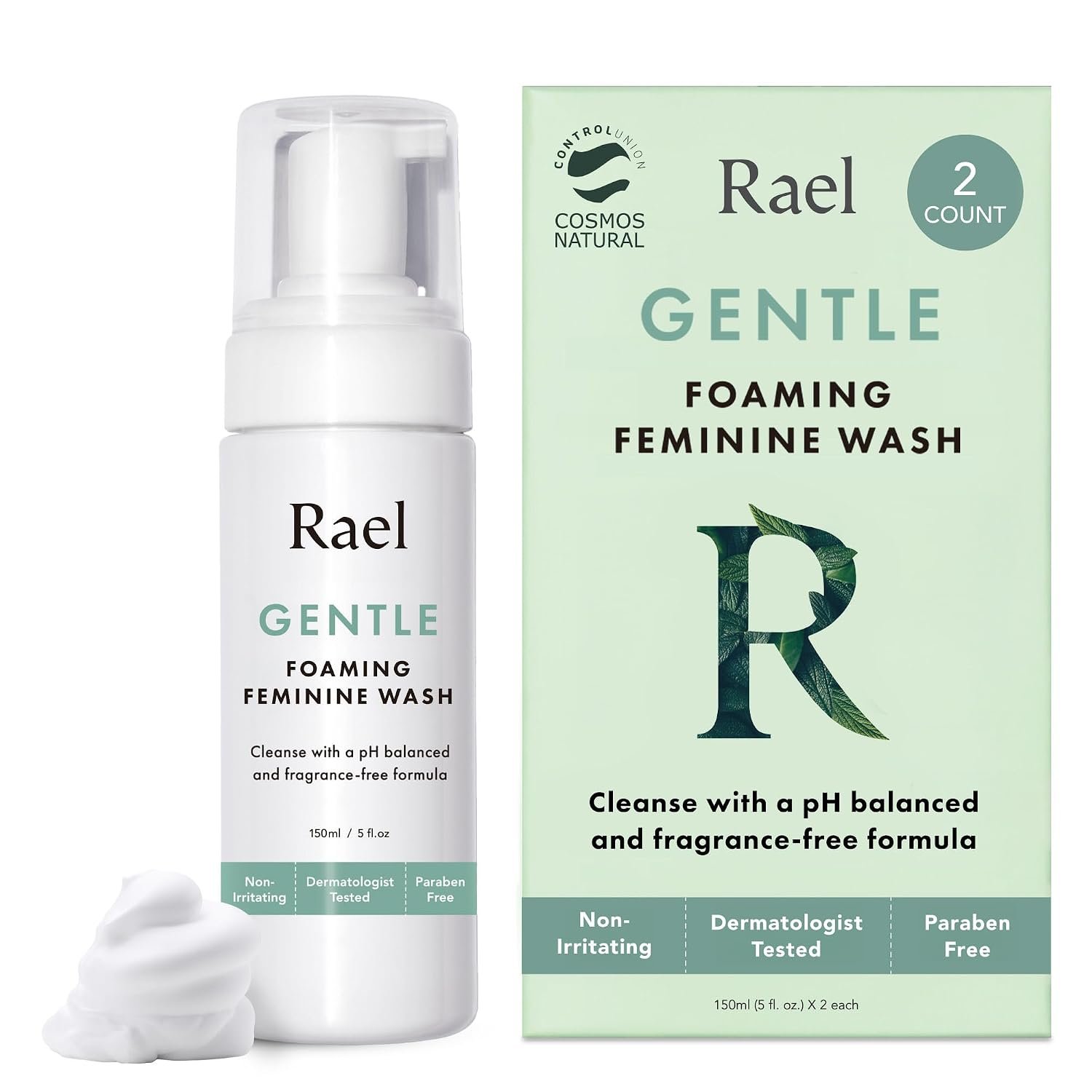 Rael Gentle Feminine Wash, Foaming Cleanser for Intimate Care (5 oz, 2 Pk) | Coco-Betaine and p-Anisic Acid, Foaming Intimate Wash, Daily pH Balanced Care for Women, Fragrance Free