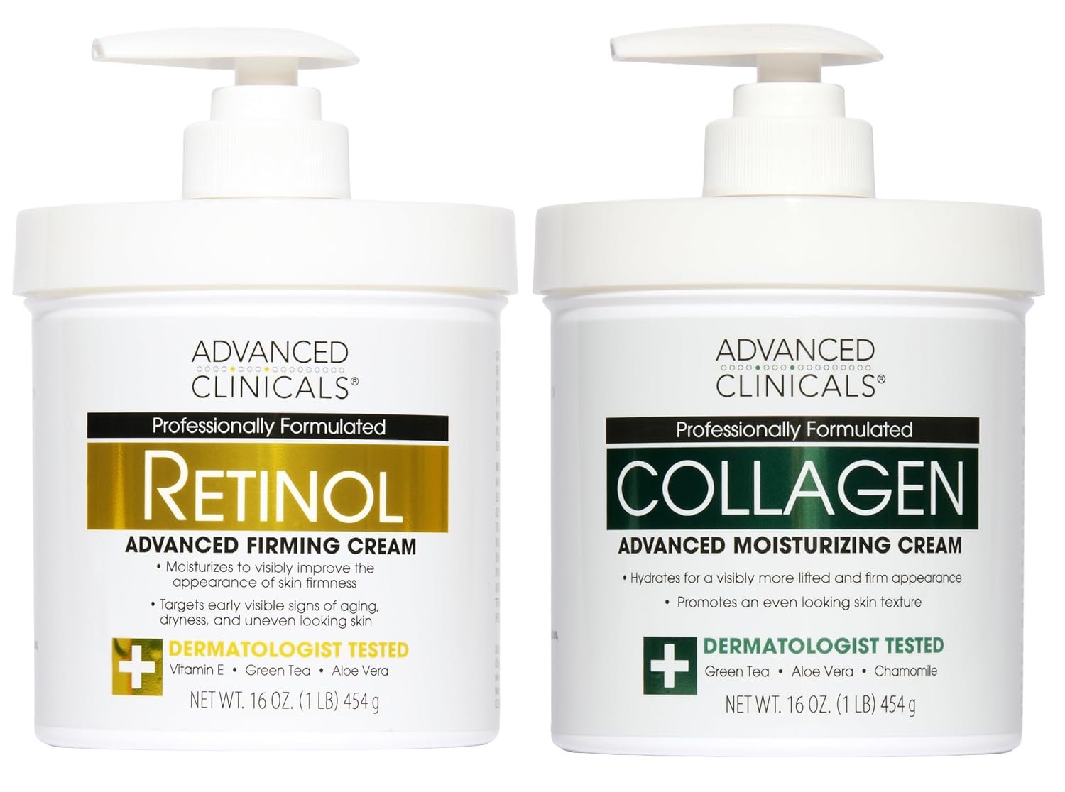 Advanced Clinicals Retinol Body Lotion + Collagen Cream Fragrance Free Face Moisturizer & Body Cream 2pc Skincare Set For Women & Men Helps Reduce Appearance Of Crepey Skin, Wrinkles, & Dry Skin, 2pc