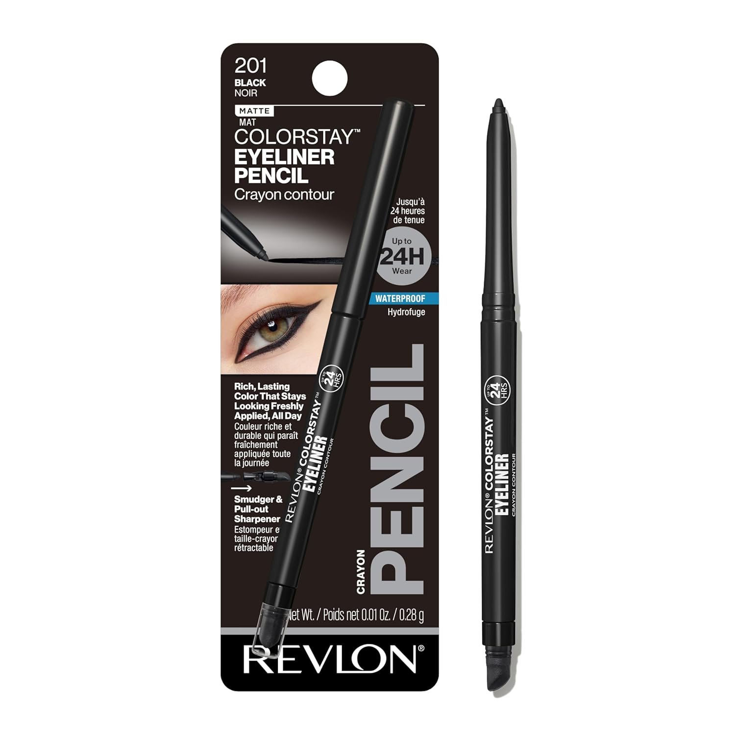 REVLON ColorStay Pencil Waterproof Eyeliner, 201 Black, 0.01 oz | Waterproof pencil eyeliner with built-in sharpener. Smudge-proof, long-lasting, intense matte color.