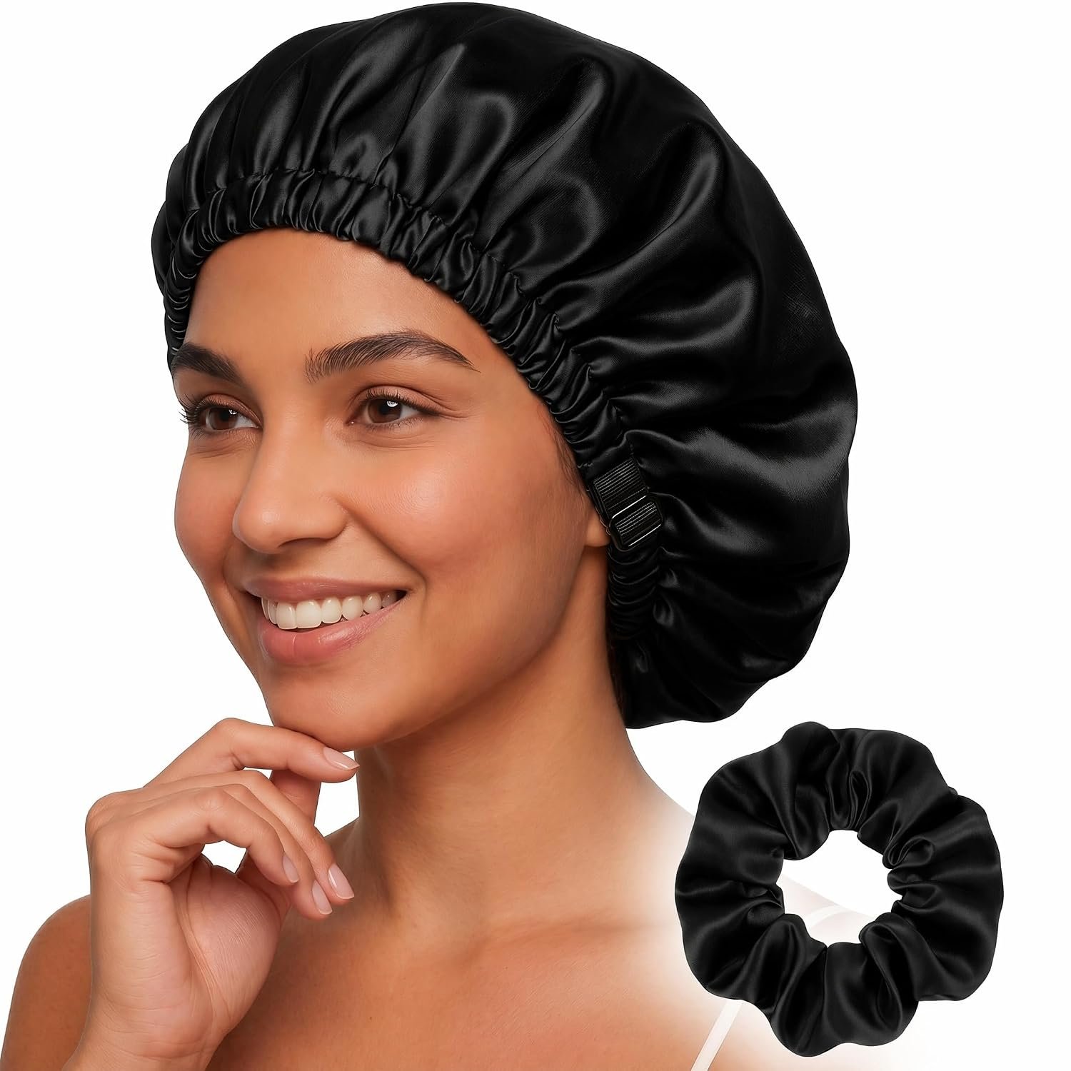 Adjustable Double Layer Silk-Satin Hair Bonnet for Sleeping Women – Anti-Frizz Curly Hair Sleep Cap, Hair Protector for Night, Moisture Retention Soft Bonnet for Natural Hair (black,Large)