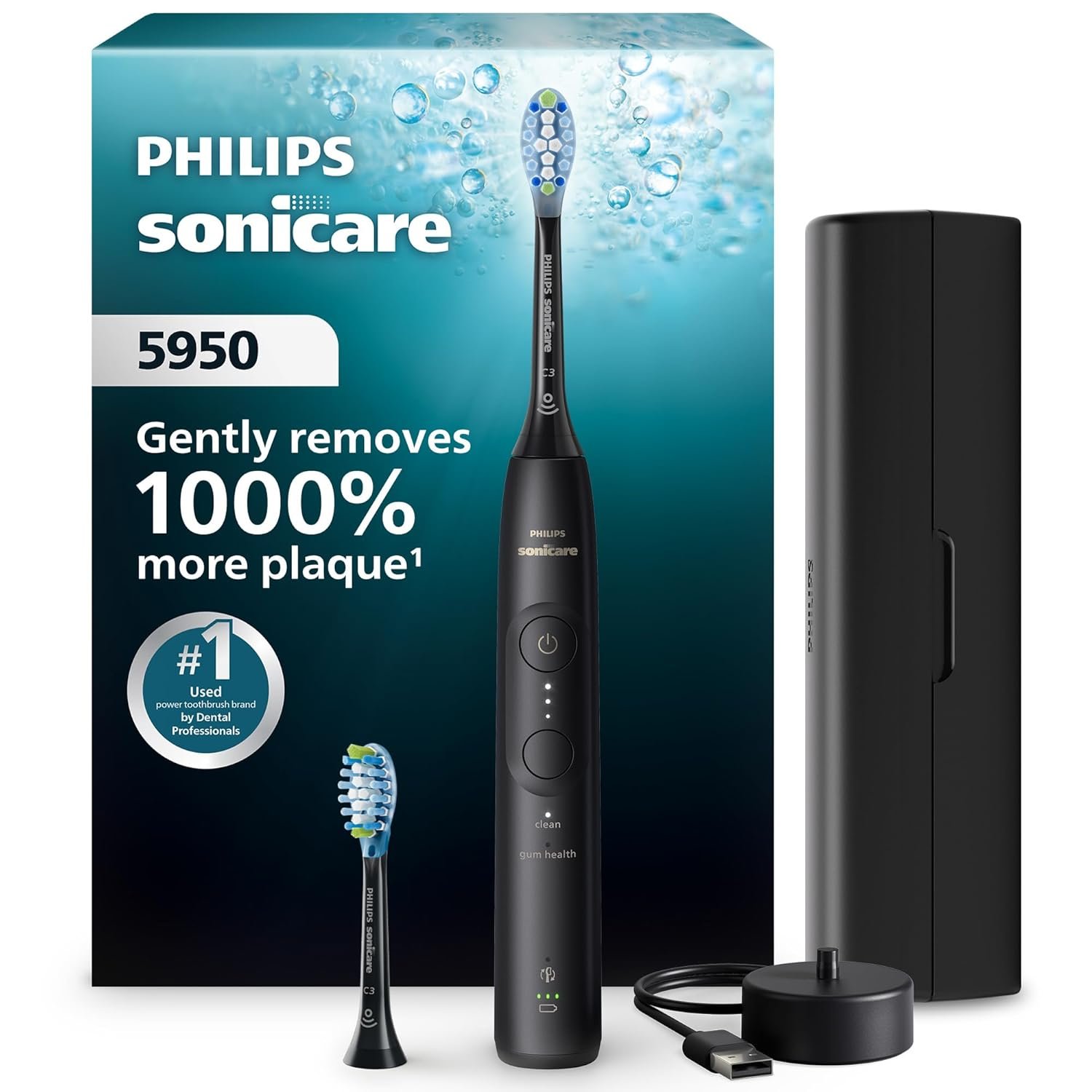 Philips Sonicare 5950 Rechargeable Electric Toothbrush, 2 Brush Head, Black | 1000% More Plaque Removal¹, Pressure Sensor, 6 Brush Settings, 21-Day Battery, Includes Travel Case, HX7131/03