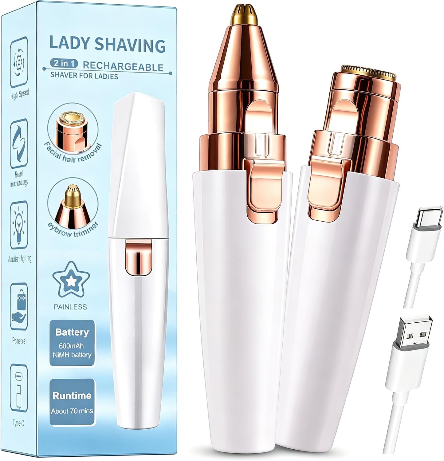 Facial Hair Removal for Women,2 in 1 Electric Hair Removal Device for Chin Upper Lip Peach Fuzz & Rechargeable Eyebrow Trimmer with LED Light for Precise Shaping