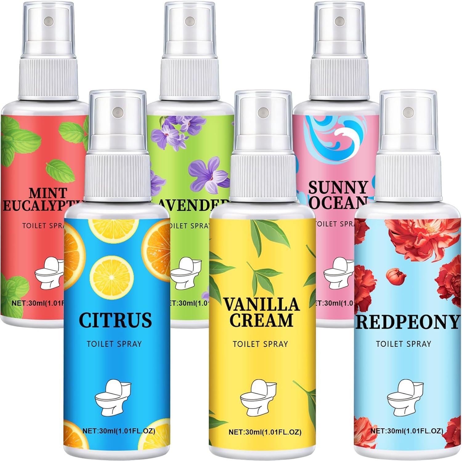 6 Pack Toilet Spray, Bathroom Odor Deodorizer with Essential Oil | Long Lasting Fragrance Room Spray Up to 400 Uses, Portable Air Freshener Travel Essentials Toiletries (Each 1.01Fl Oz)