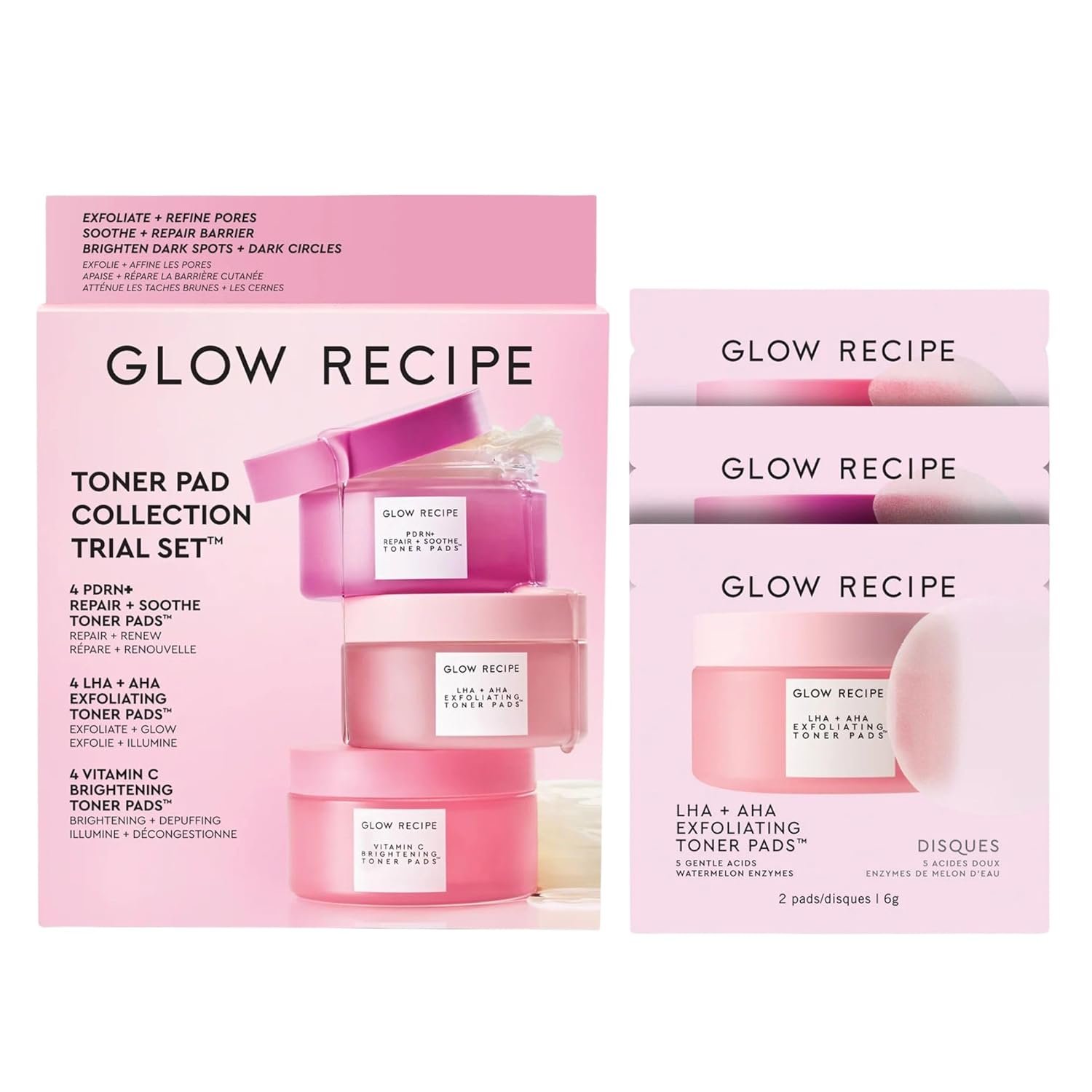 Glow Recipe Toner Pads Kit Trial Set, 12-Piece Korean Toner Pad Kit with Exfoliating, Soothing & Brightening Pads, Fragrance-Free 5-Minute Facial Treatment for Sensitive Skin