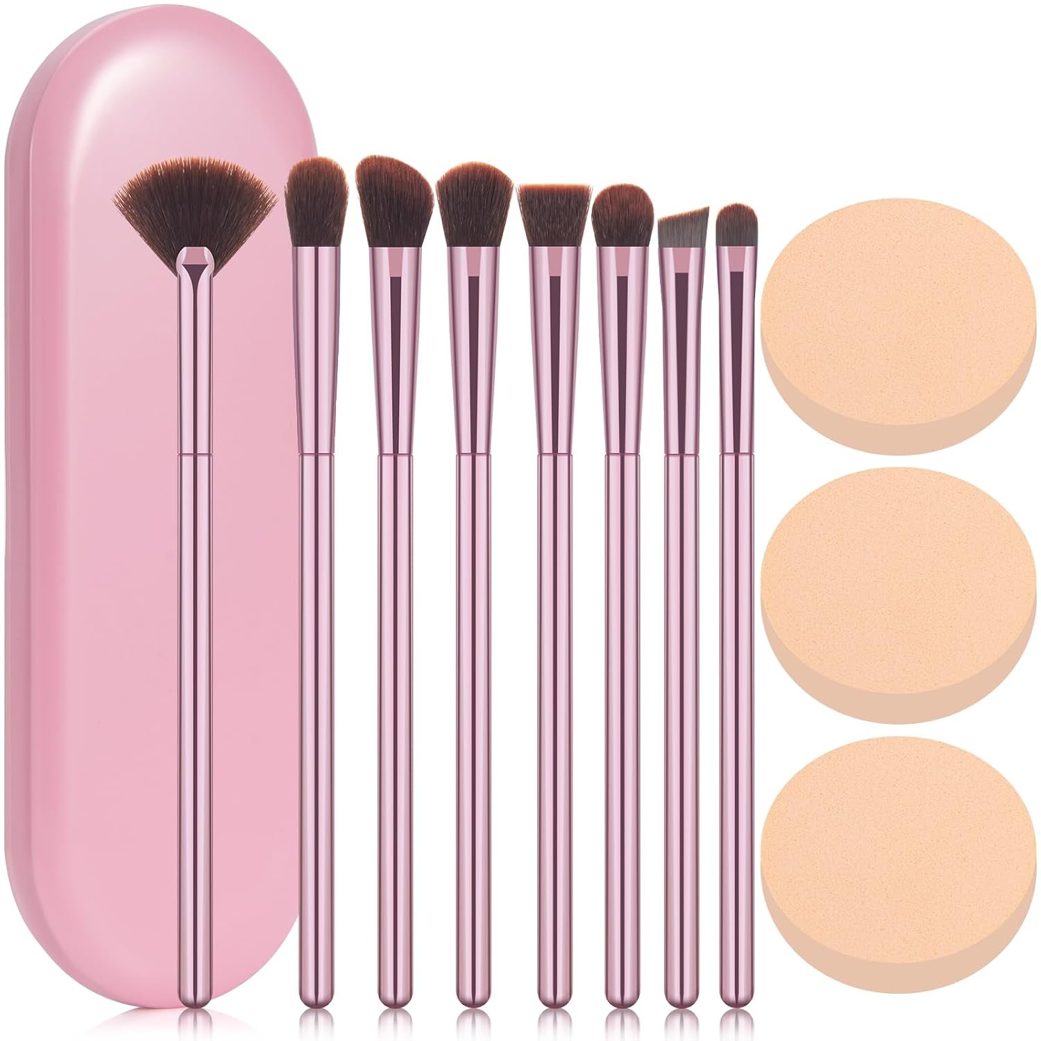 8Pcs Makeup Brushes Set Premium Eyeshadow 3 Puffs Pink Case 12 in 1