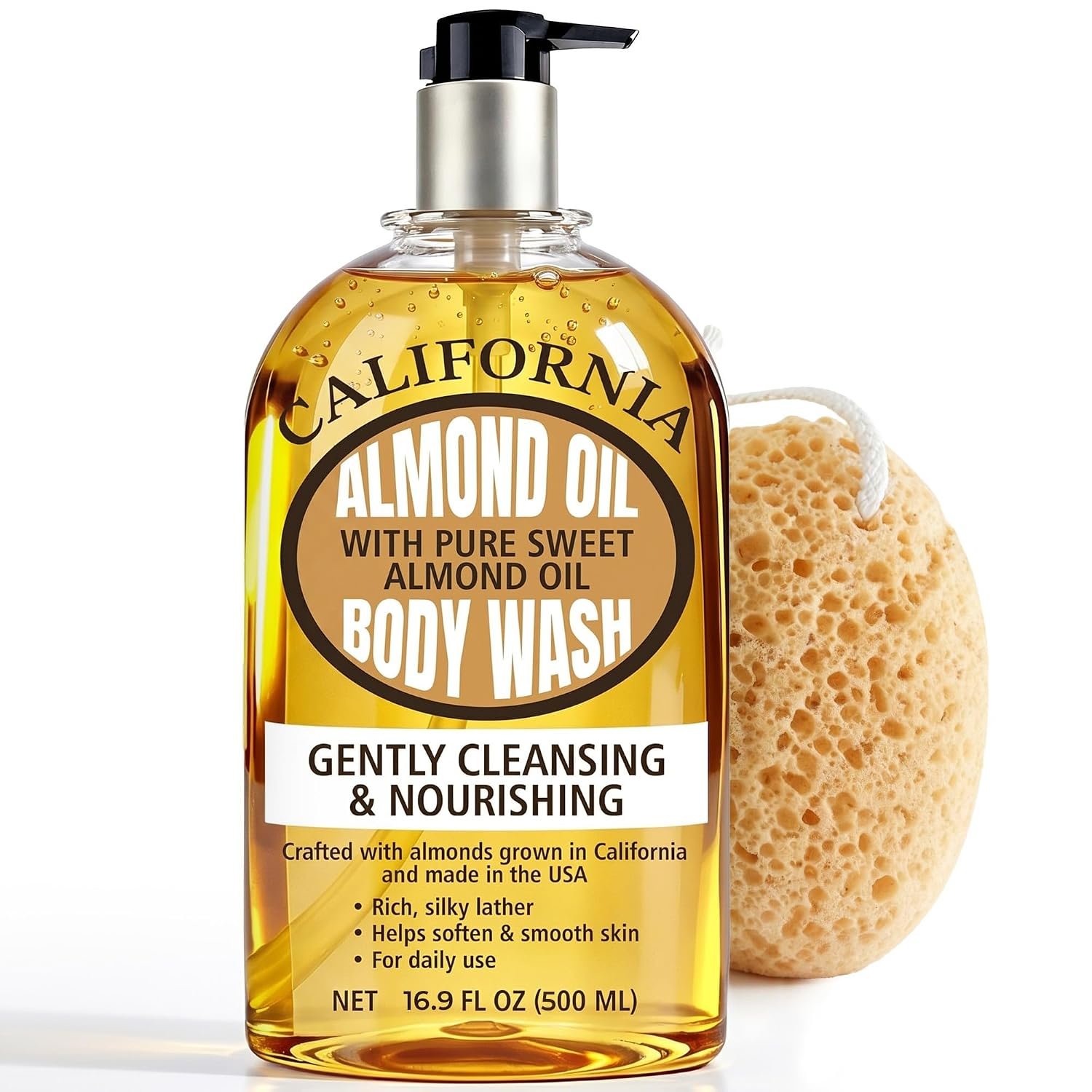 Almond Shower Oil & Body Wash Sweet Almond Cleansing Oil For Hydrating Skin | Sweet Almond Cleansing Oil, Hydrating Shower Body Oil for Soft Smooth Skin, Daily Cleanser with Sponge 16.9 Fl Oz