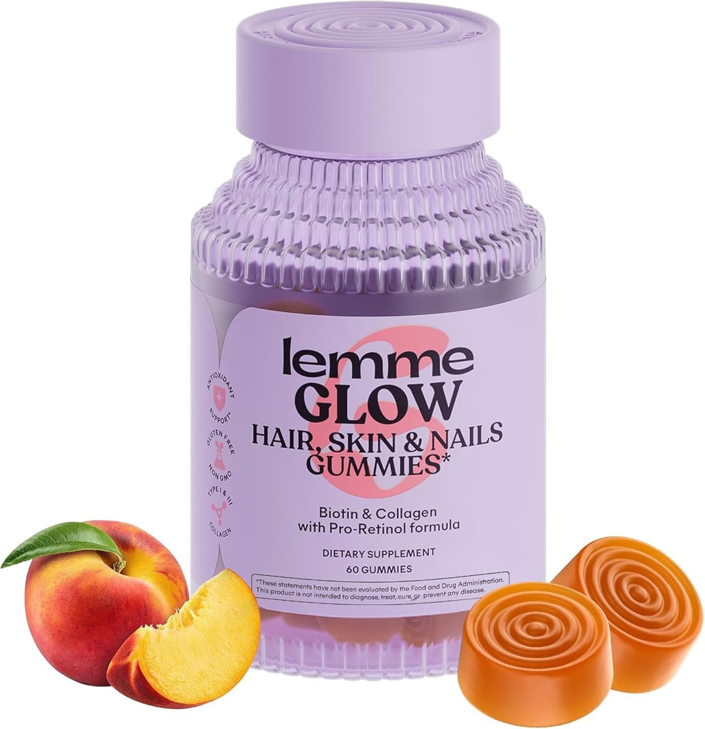 Lemme Glow Collagen Gummies for Strong Nails & Healthy Skin, 30-Day Supply | Strong hair & nails, Healthy Skin, Peptides, Biotin, Trace Minerals, Zinc, Vitamins A, C & E, Dairy & Gluten Free