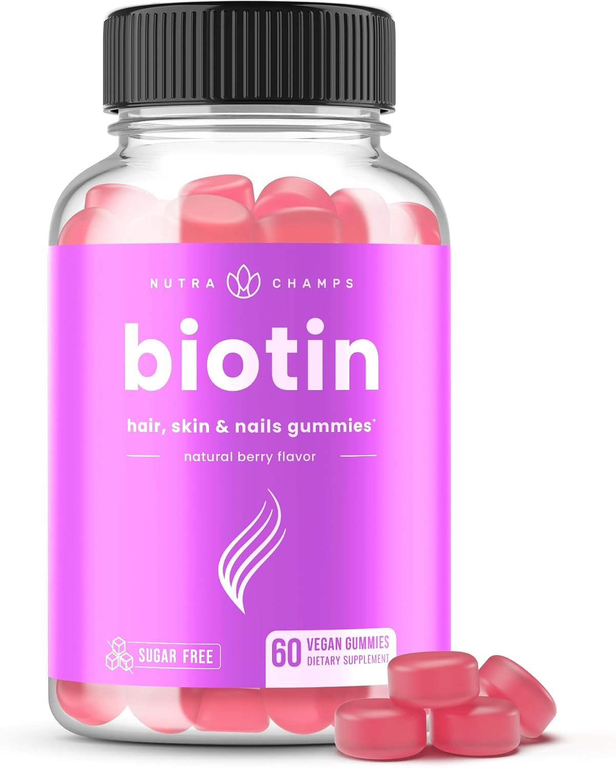 NutraChamps Sugar Free Biotin Gummies 10000mcg [High Potency] – Healthy Hair, Skin & Nails for Women, Men & Kids – 5000mcg in Each Gummy – Vegan, Non-GMO, Hair Health Vitamins Supplement – Raspberry