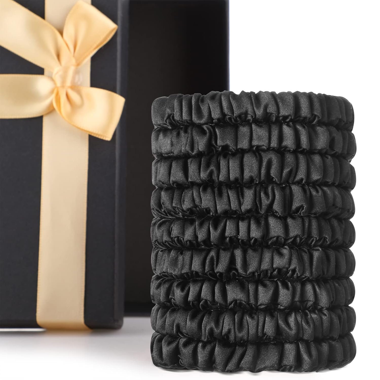 Chuangdi 9 Pieces 100% Mulberry Silk Scrunchies for Long Hair Silk Hair Ties Scrunchies for Women Girls Elastic Ponytail Holders with Gift Box(Classic Style,Black)