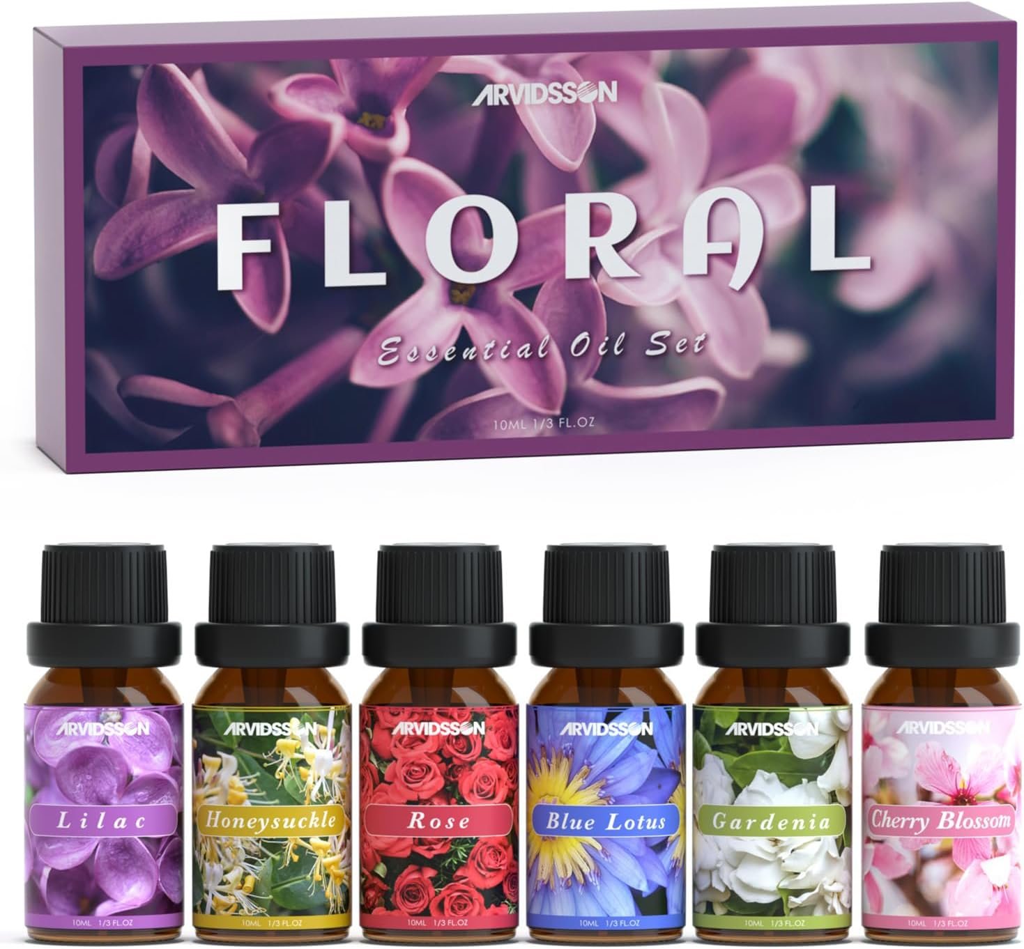 ARVIDSSON Floral Essential Oils Set, Natural Flower Essential Oil Gift for Women – Rose, Gardenia, Cherry Blossom, Honeysuckle, Lilac, Blue Lotus, Scented Oil for Diffuser, Valentines Day Gift for Her