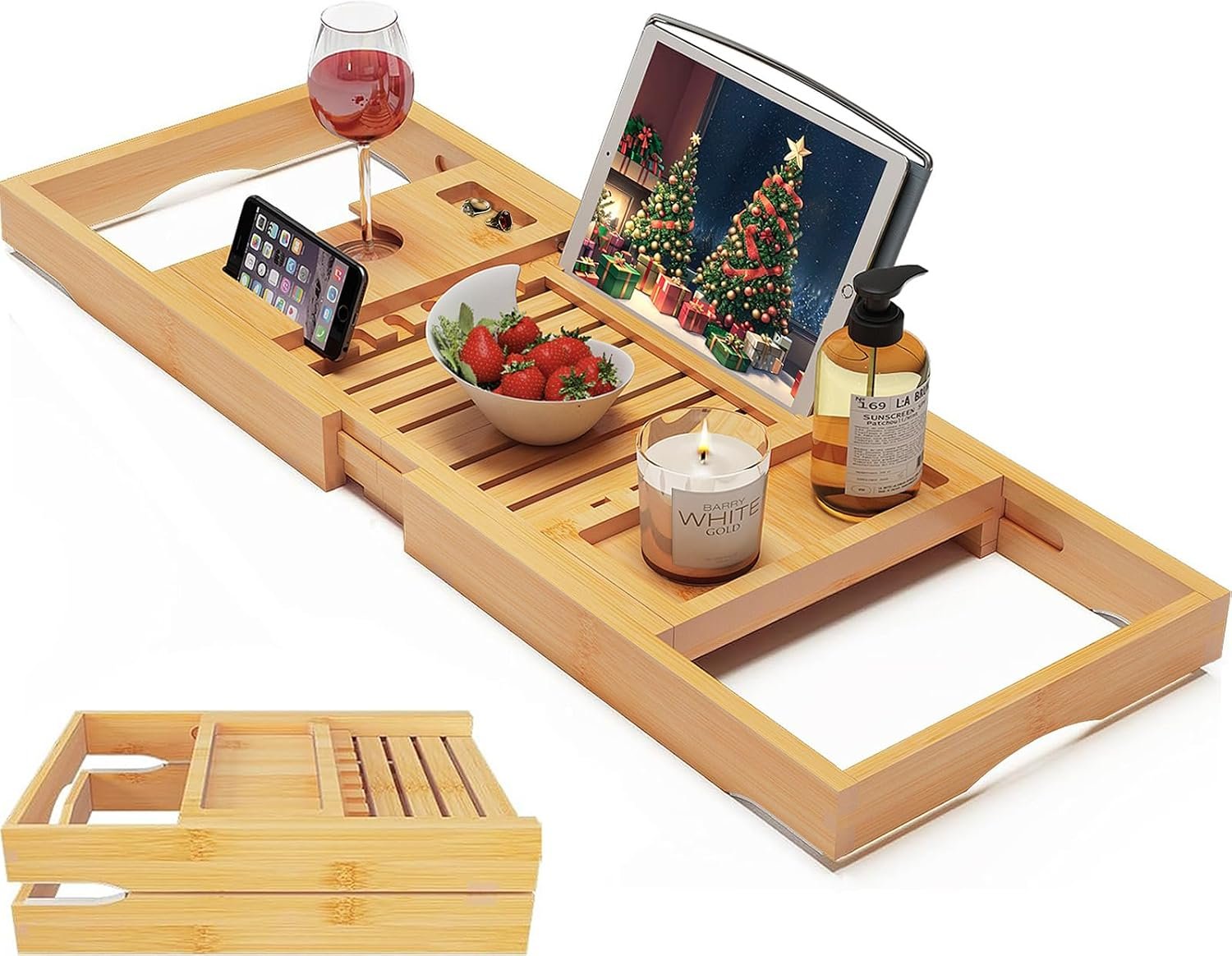 Expandable Bamboo Bathtub Caddy Tray for Luxury Bath | Foldable Bath Accessories & Table with Wine Glass Holder, Book Stand Bathroom Organizer with Extending Sides for Men/Women