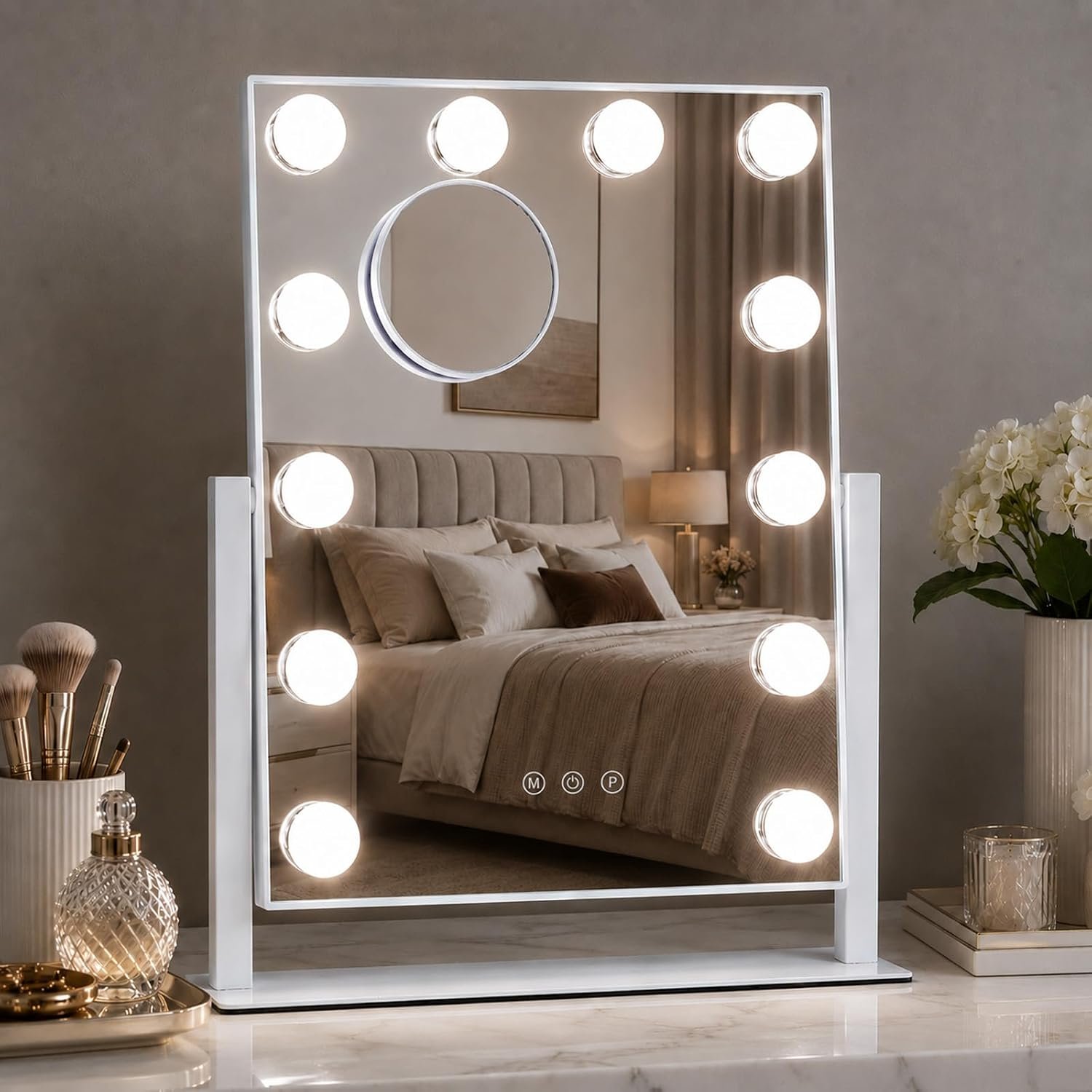 Vanity Mirror with Lights, Dimmable Desk Mirror, 12 Bulbs, 16.4” x 13.1” | 3 Colors Lighted Makeup Mirror, Touch Control, Detachable 10X Magnification, 360 Rotation, Gift for Wife, Mom, Girls