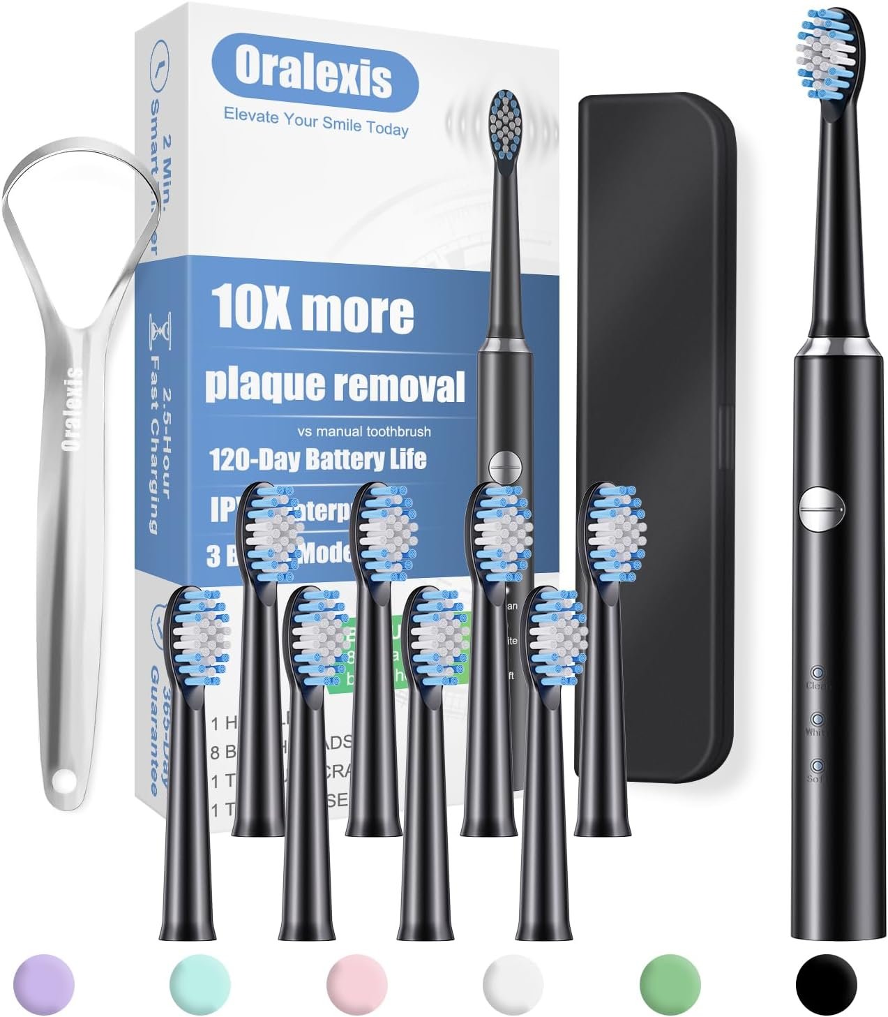 Electric Toothbrush for Adults with 8 Brush Heads and Tongue Scraper, 2 Minute Smart Timer, One Fast Charge Last 120 Days, 40000 VPM Deep Clean, Sonic Travel Toothbrush – Black