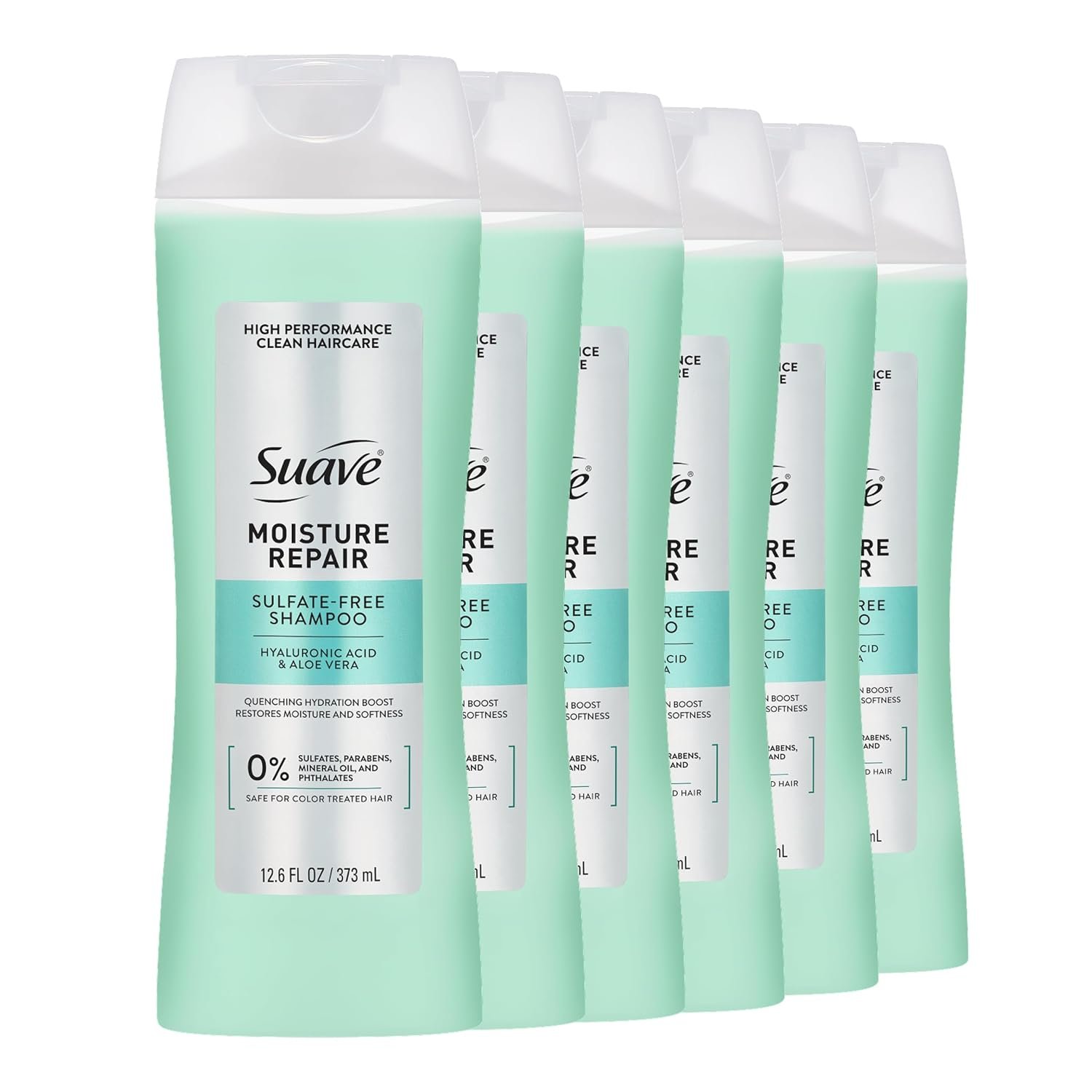 Suave Moisture Repair Shampoo, Hyaluronic Acid and Aloe, 12.6 fl oz, 6-Pack | Moisturizing shampoo with hyaluronic acid and aloe vera for dry, color-treated hair, leaving it softer and more manageable