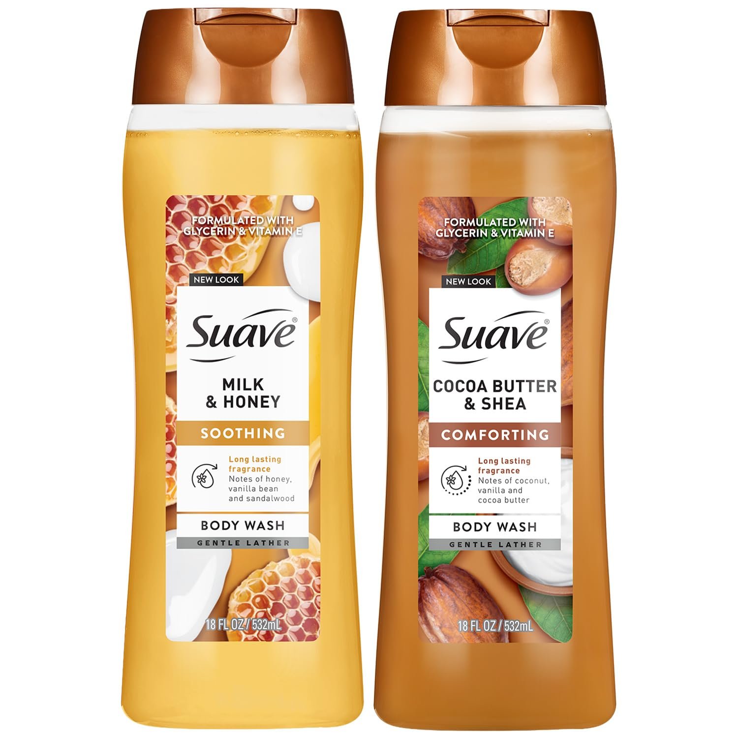 Suave Body Wash Variety 2-Pack, Milk & Honey + Cocoa Butter & Shea – Gentle Body Washes with Sweet Blend Oil Essence, 18 Oz Ea