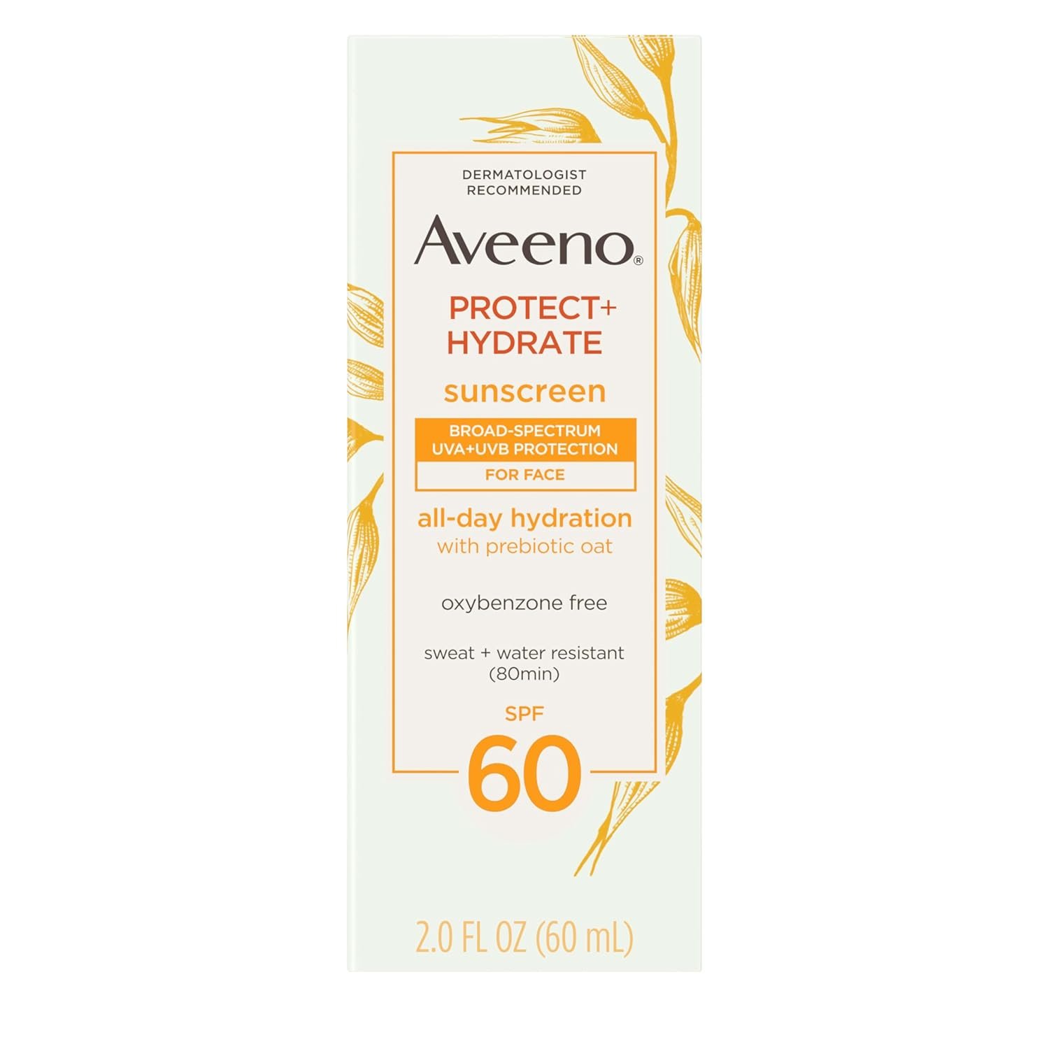 Aveeno Protect + Hydrate SPF 60 Face Sunscreen, Prebiotic Oat, 2 fl oz | Broad Spectrum Sun Protection, Safe for Sensitive Skin, Weightless, Sweat & Water-Resistant, Oxybenzone-Free, Travel Size