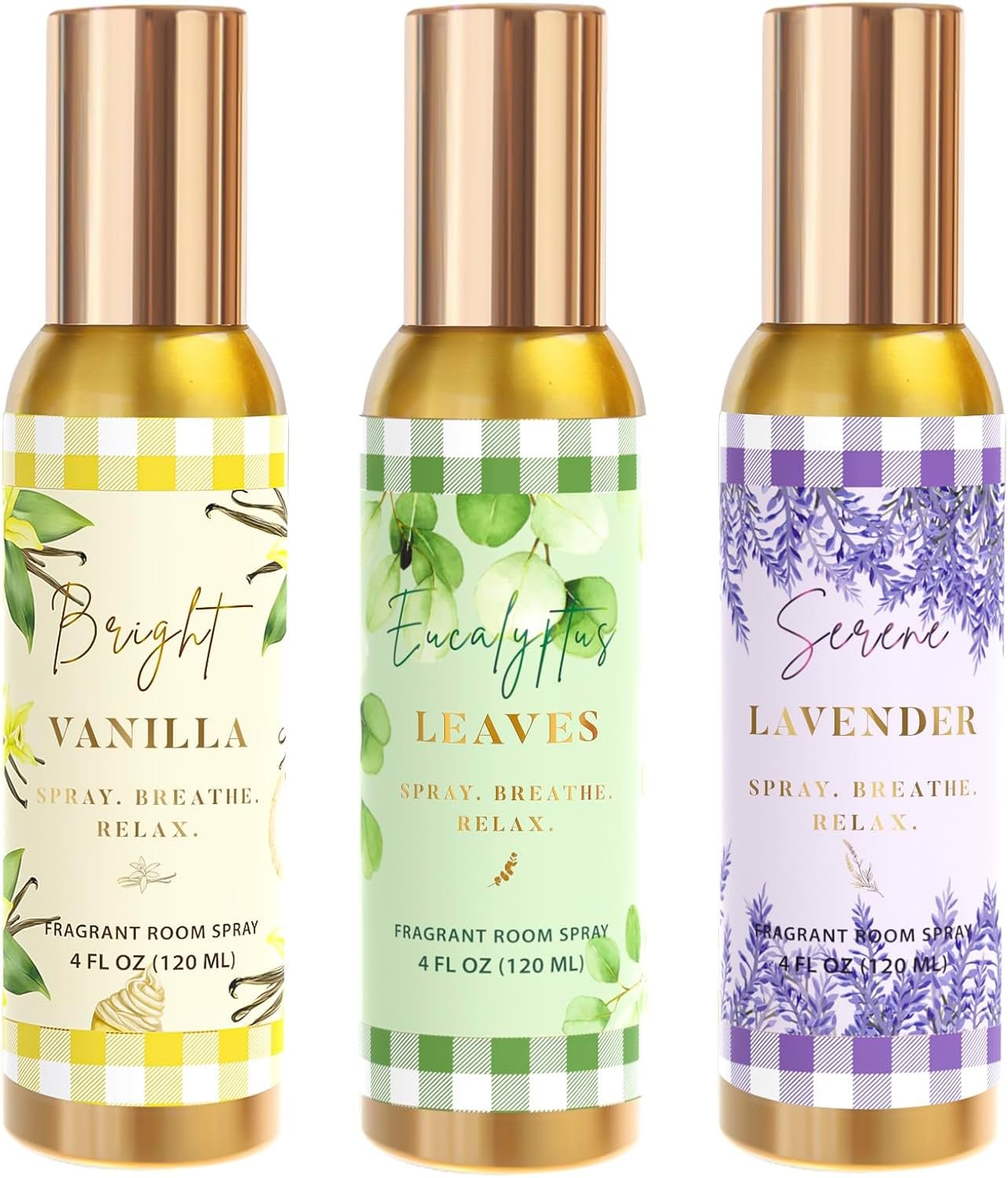 Room Spray, Bright Vanilla, Eucalyptus leaves, Serene Lavender, Each 4 oz | Air Freshener for Home, Long-Lasting Odor Eliminator for Bathroom and Office, 3 Pack