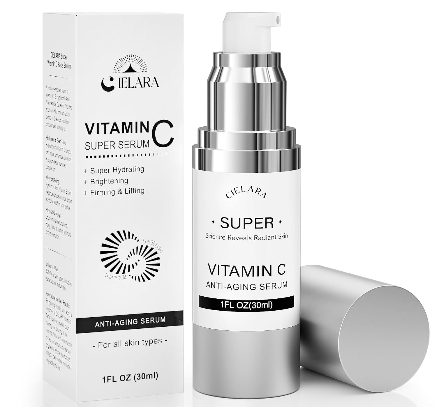 Super Vitamin C Serum for Face, With Hyaluronic Acid FL OZ | 20% Vit C & Anti Aging Wrinkle Super C Serum for Face , Vitamin E, Caffeine, For Face Fine Lines Brightening