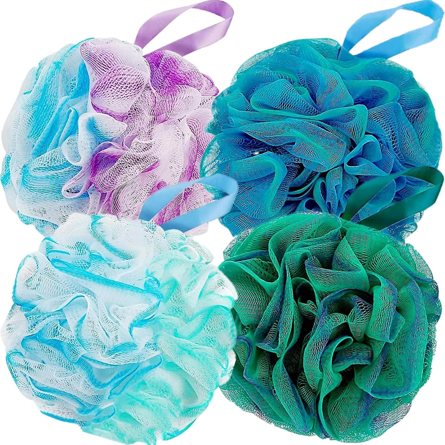 Loofah Sponge Shower Loofahs 4 Colors Bath Sponges Body Scrubbers | Mesh Balls 60g Luffa for Rich Lather Exfoliating Wash Back Scrubber Bathroom Men Women 4 Pack Cleaning Bathing Accessories