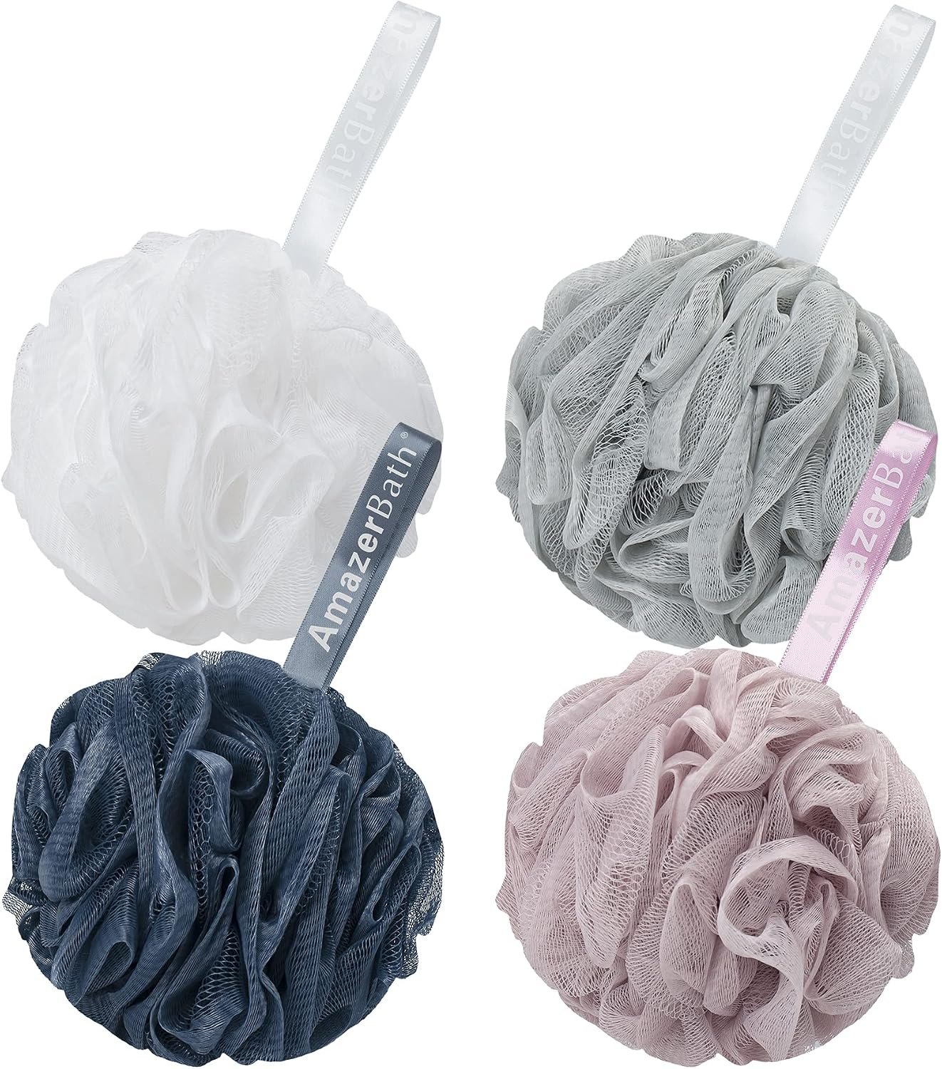 AmazerBath Loofah Sponge 60g/Piece, Exfoliating Bath Sponge Body Scrubber – Loofa Set of 4 Grey Blue-Pink-Grey-White