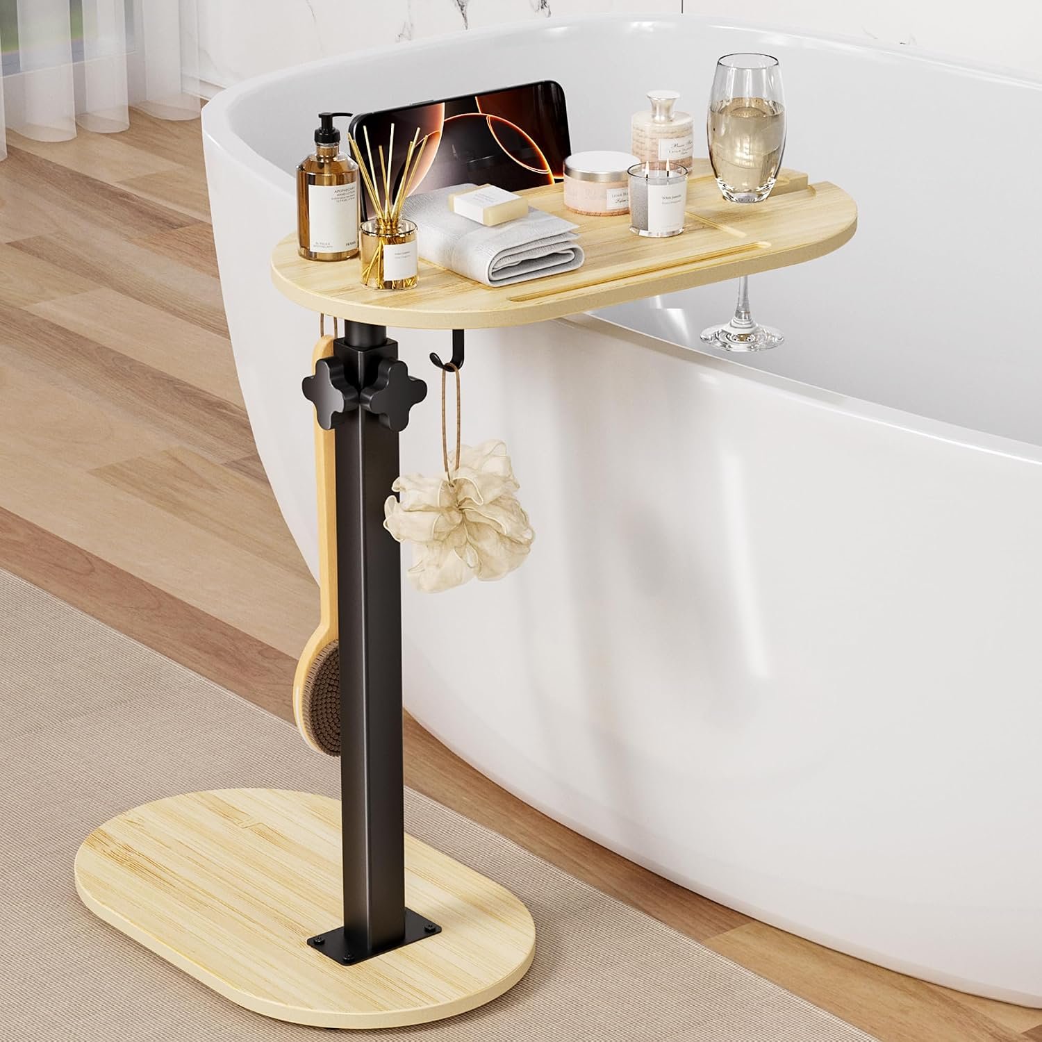 Bamboo Bathtub Table with Adjustable Height | Freestanding Bath Tray Caddy Board Tub Organizer, House Warming Gift, New Home, Bridal Shower Gift for Women