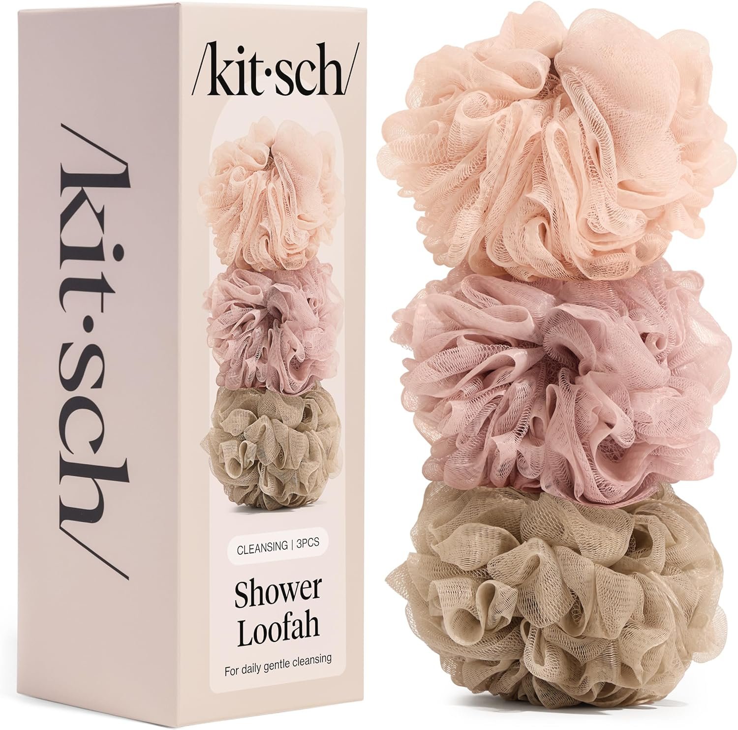Kitsch Shower Loofah – Soft Mesh Body Scrubber & Bath Sponge – 3pc Set | for Daily Gentle Cleansing – Durable Loofah for Men and Women with Hanging Loop – Eco-Friendly, 100% PCR Material