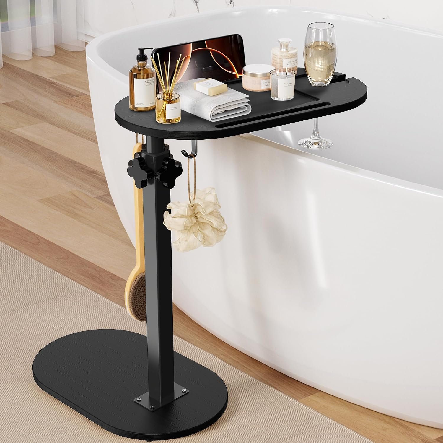Bamboo Bathtub Table with Adjustable Height for Bathroom | Freestanding Bath Tray Caddy Board Tub Organizer, New Home, Anniversary Wedding Gifts, Bridal Shower Gift for Women