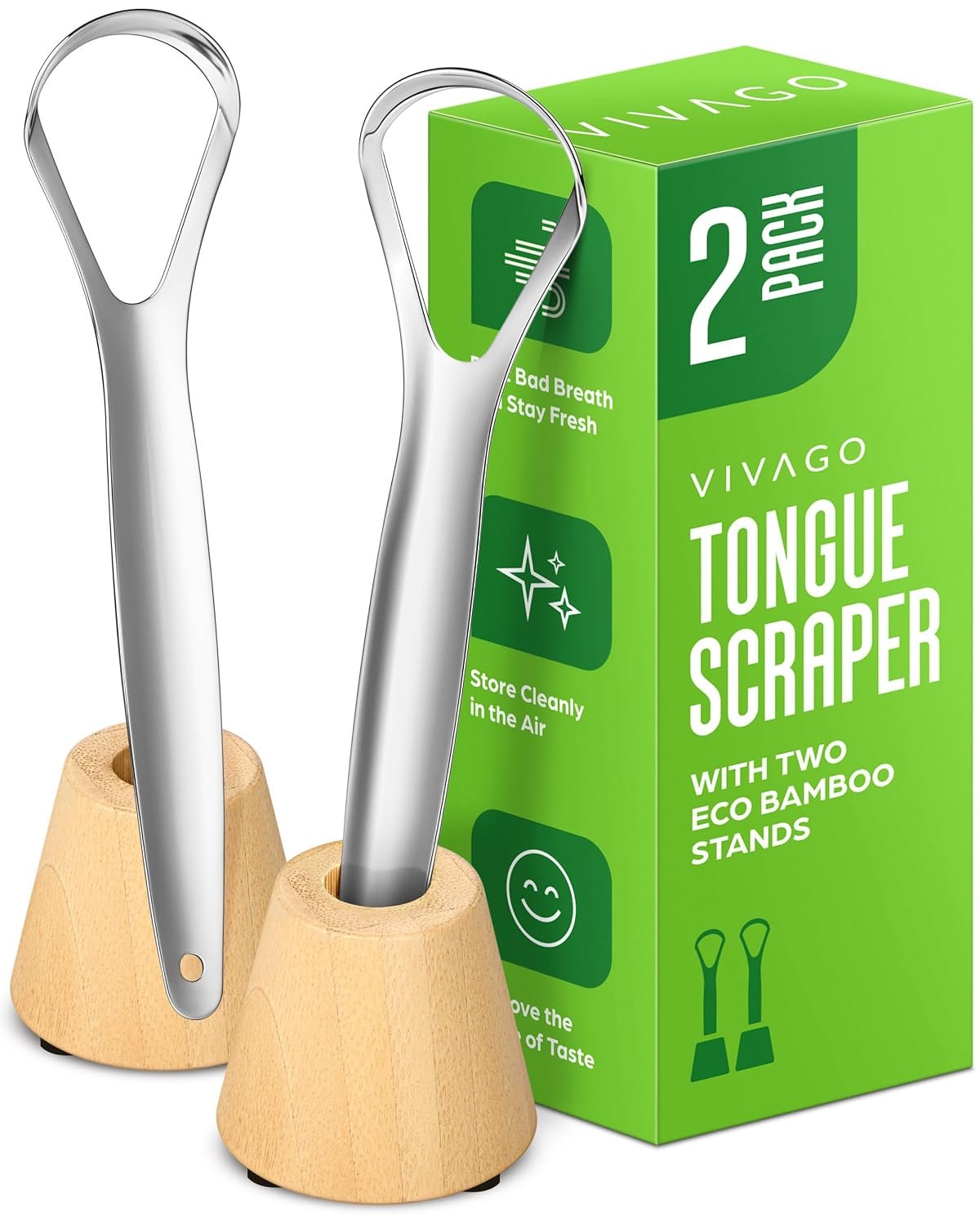 VIVAGO Stainless Steel Tongue Scraper for Adults with Holder | Metal Tongue Scrapers for Tongue Cleaning, Helps Reduce Bad Breath, Includes 2 Bamboo Holders, 2 Pack