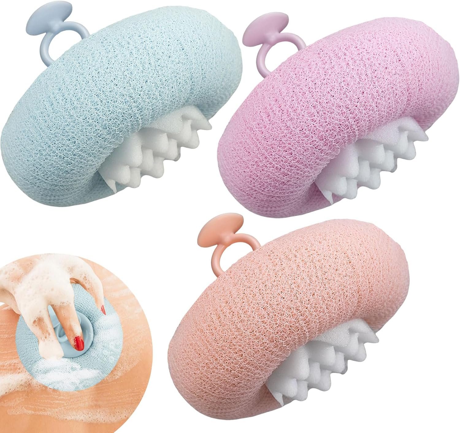 3Pcs 2-in-1 Sunflower Bath Ball, Super Soft Exfoliating Bath Sponge Cleaning Brush, Bath Loofah Sponge，Hangable Suction Cup Bath Ball for Women Men(Pink+Blue-Green+Purple)