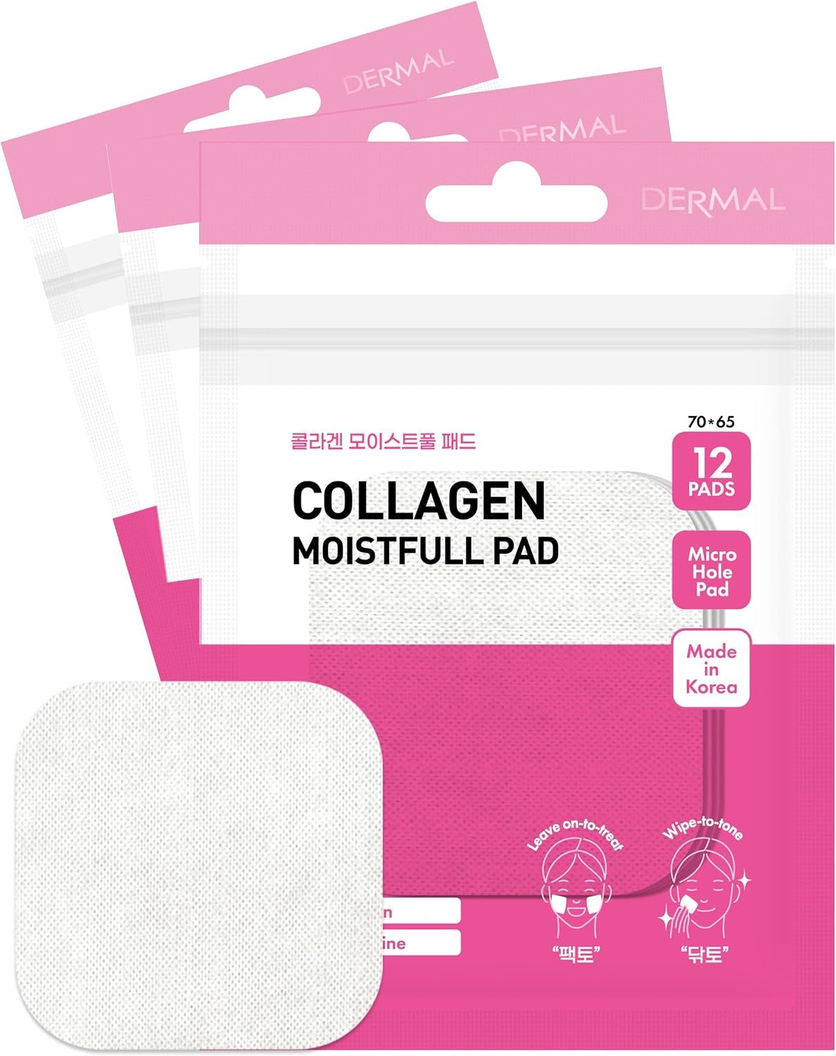 DERMAL Collagen Moistfull Toner Pad – Korean Toner Pad for Elasticity & Wrinkle Improvement with Peptides – Travel Kit 12 Pads, 3 Pack (Total 36 Pads)
