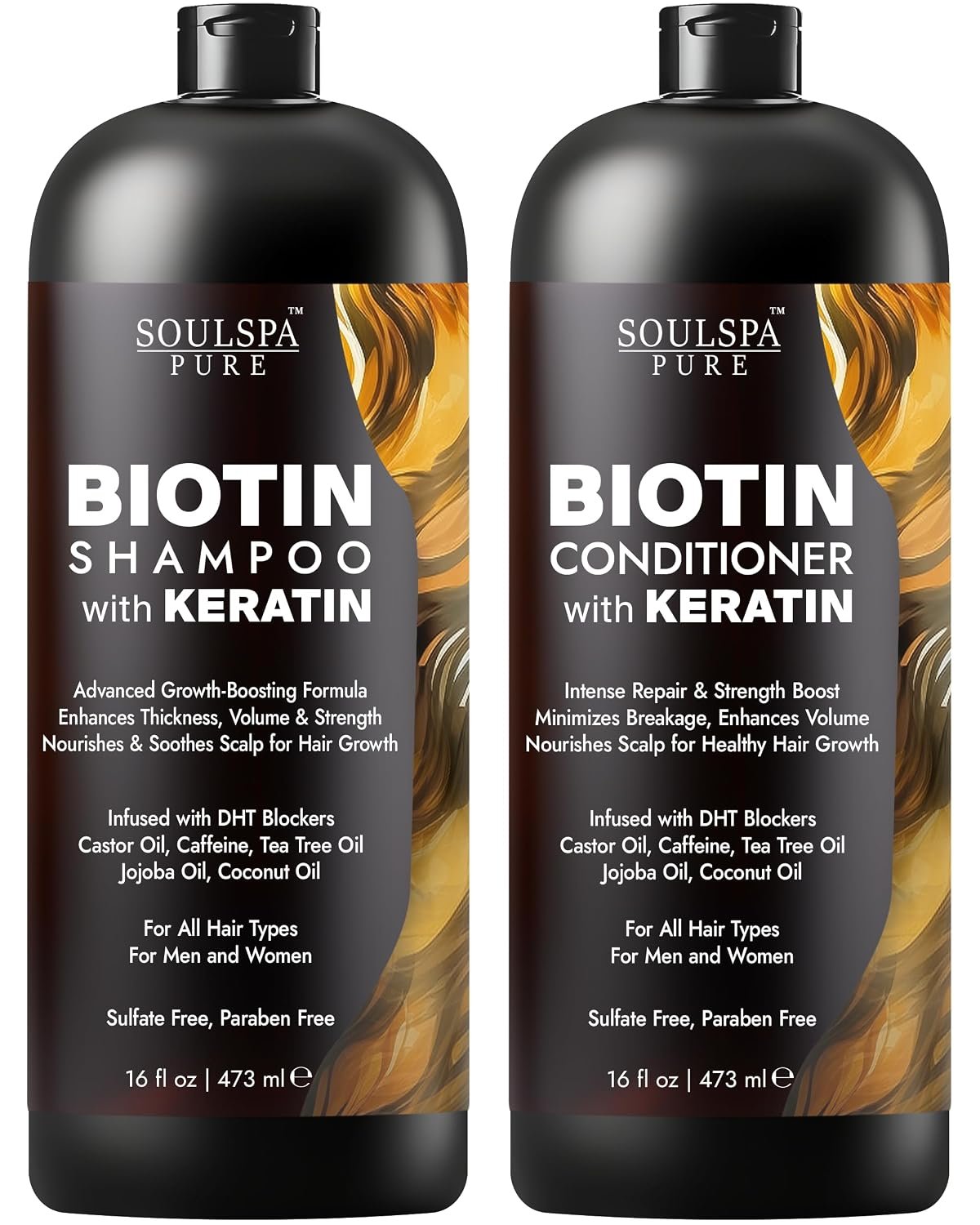 Biotin Shampoo and Conditioner Set with Keratin – 16 fl oz Each | Advanced Formula for Hair Growth and Thinning Hair with DHT Blockers – Hair Repair Combo for Men & Women- SoulSpa Pure