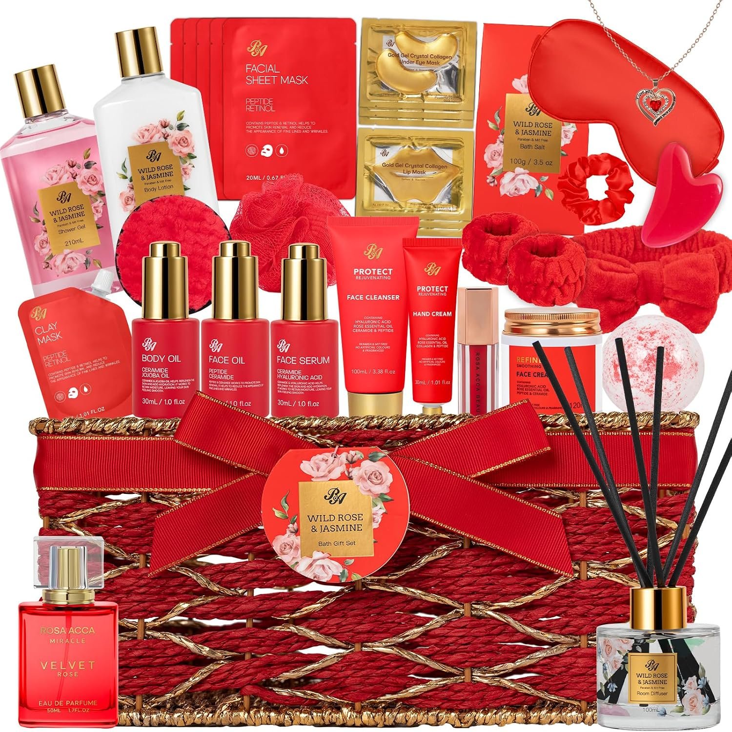 35 Pcs Gift for Women, Red Rose Bath & Body Basket Gift, Spa Gift Basket | Hydrating Face Skin Care Kit, Self Care Baskets, Birthday, Spa Gifts for Mom, Valentines, Mother Day, Anniversary, Christmas