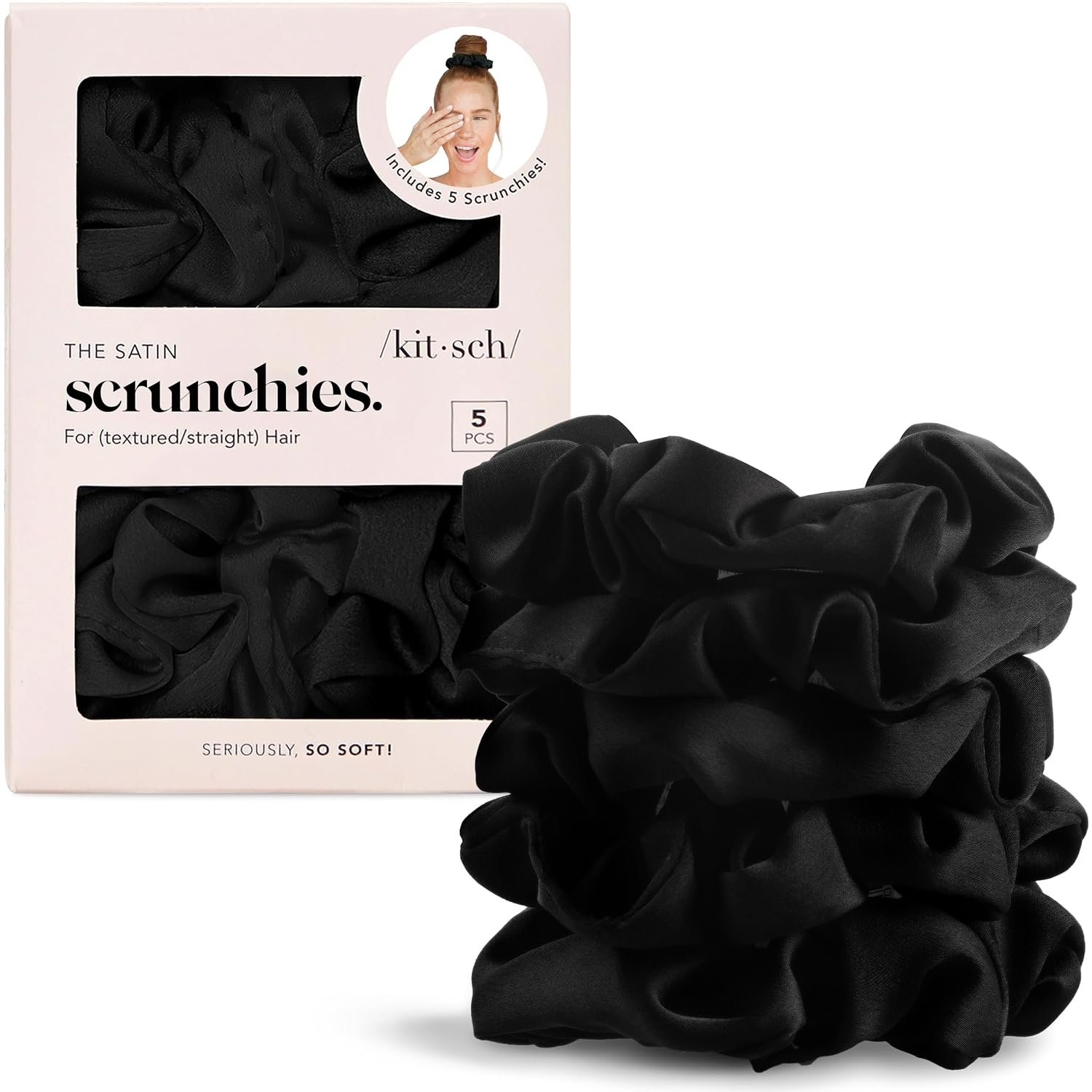 Kitsch Satin Scrunchies for Women | For All Hair Types – Black, 5pcs | Wake Up Frizz-Free, No Crease Hair Ties, Softer Than Silk Scrunchies, Stylish Hair Accessories For All Hair Types