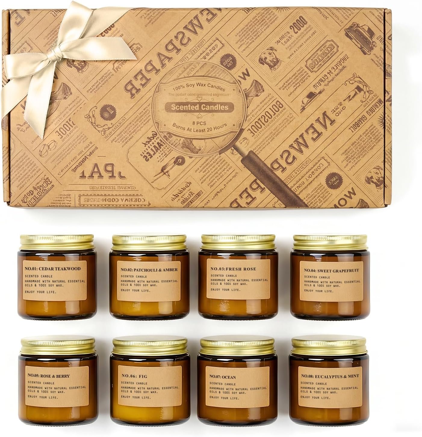 Scented Candles for Home,8 Pack Soy Wax Candle Set,Scented Candles | Gift Set,Aromatherapy Candles, Amber Jar Vintage Apothecary Style, 8 Scents Gift Set