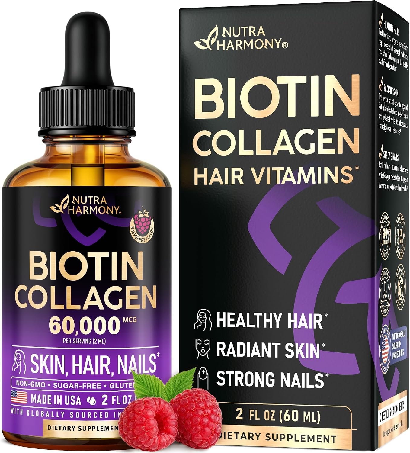 Liquid Biotin & Collagen 60,000mcg – Biotin for Hair Growth Support – 2 Oz | Liquid Collagen Supplement & Biotin – Extra Strength Drops for Women & Men – Strong Nails & Healthy Skin – Raspberry Flavor