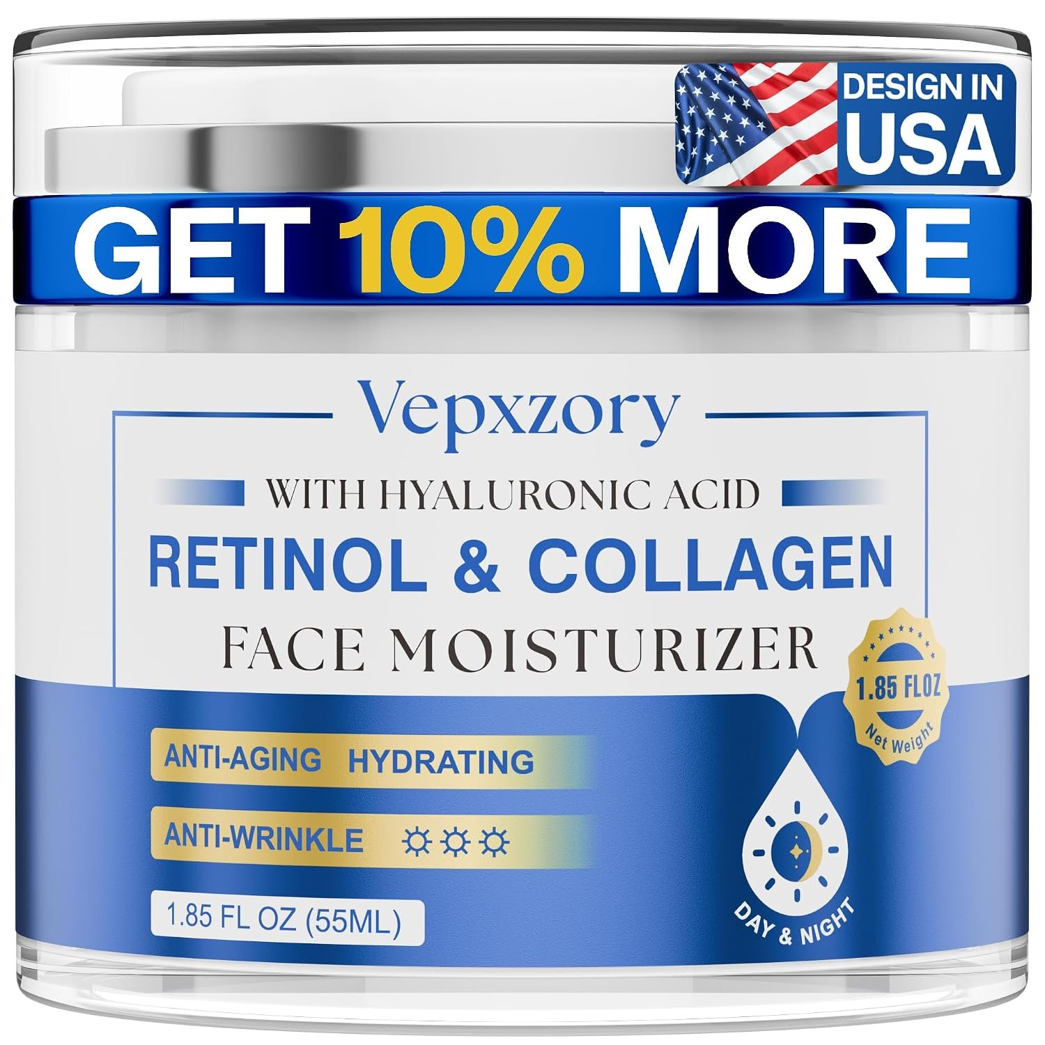 Anti-Aging Moisturizer Face Cream with Retinol, Collagen & Hyaluronic Acid | Retinol Cream for Face Daily Wrinkle Cream for Women – Face Cream Reduces Wrinkles, Dryness, Day & Night Skin Care 1.85 Oz