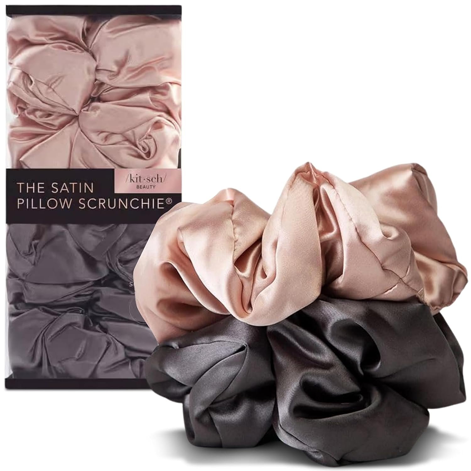 Kitsch Pillow Satin Scrunchies for Women -Blush/Charcoal, 2pcs | Wake Up Frizz-Free, No Crease Large Hair Ties, Softer Than Silk Scrunchies, Stylish Hair Accessories For All Hair Types
