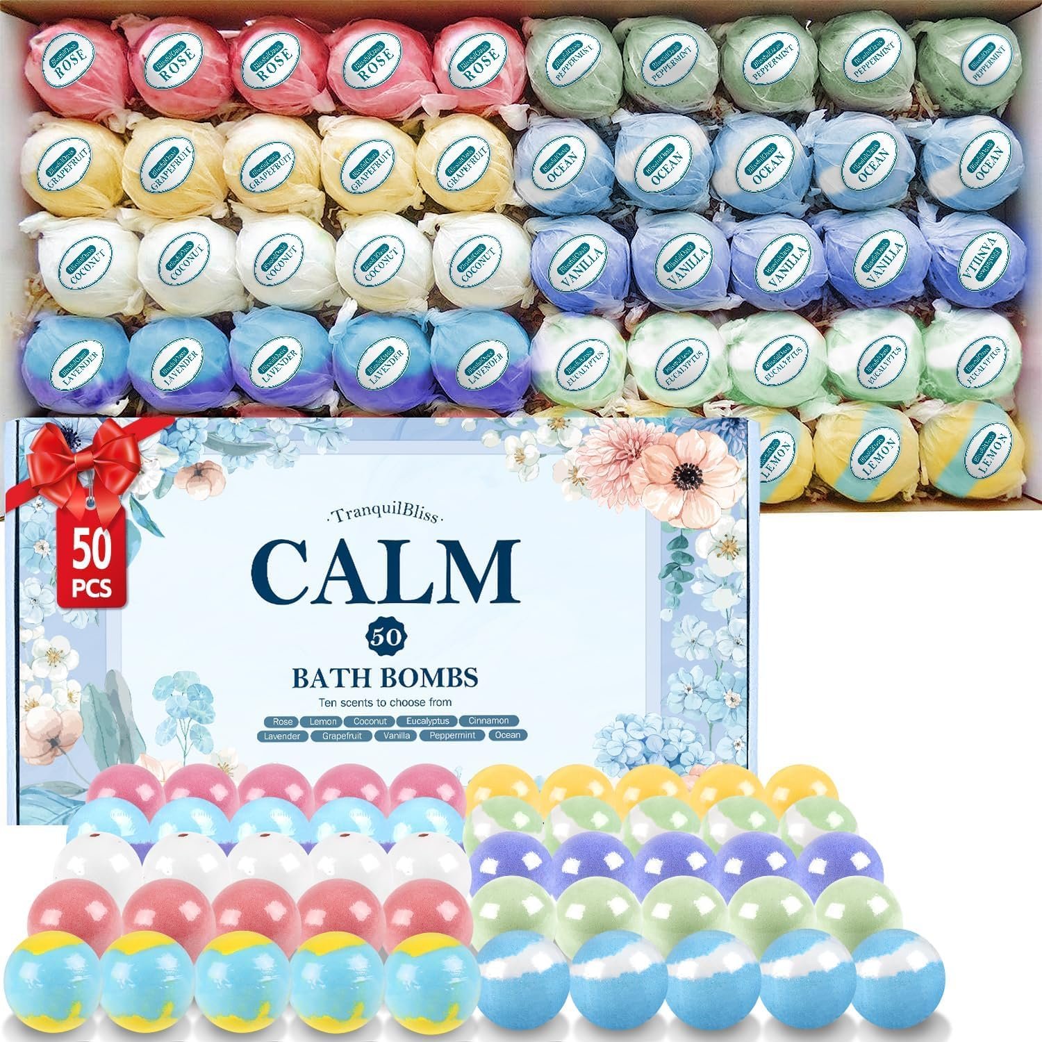 Bath Bombs Set 50 PCS with 10 Scents, Natural Bathbombs, Blue | With Shea Butter & Safe Oil, Bubble Bombs for Women, Ideal for Mother’s Day, Valentine’s Day, Christmas, Birthday Present