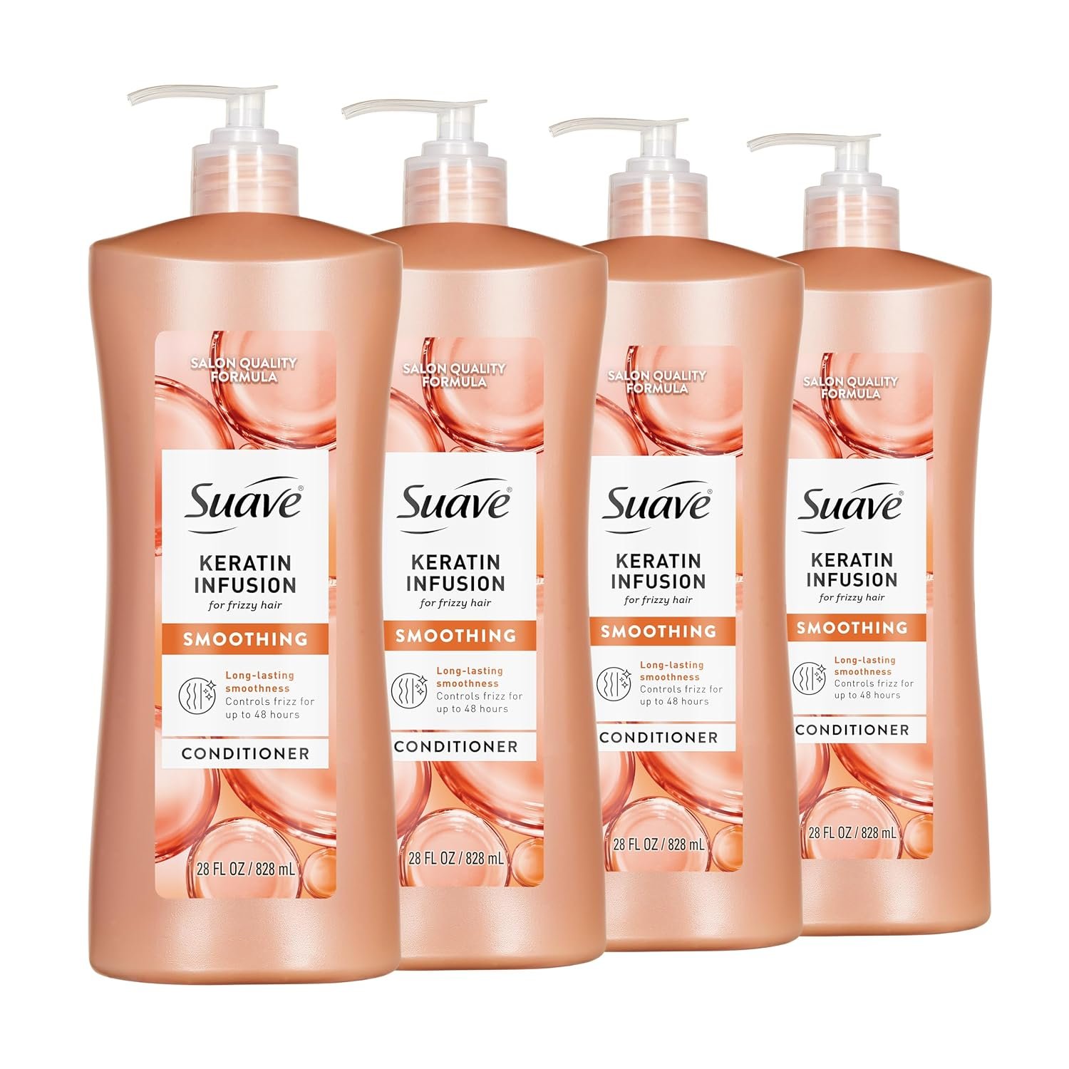 Suave Keratin Infusion Smoothing Conditioner, Anti-Frizz, 28 fl oz, 4-Pack | Keratin-infused conditioner for frizzy hair that detangles, softens and smooths for easier, more manageable styling