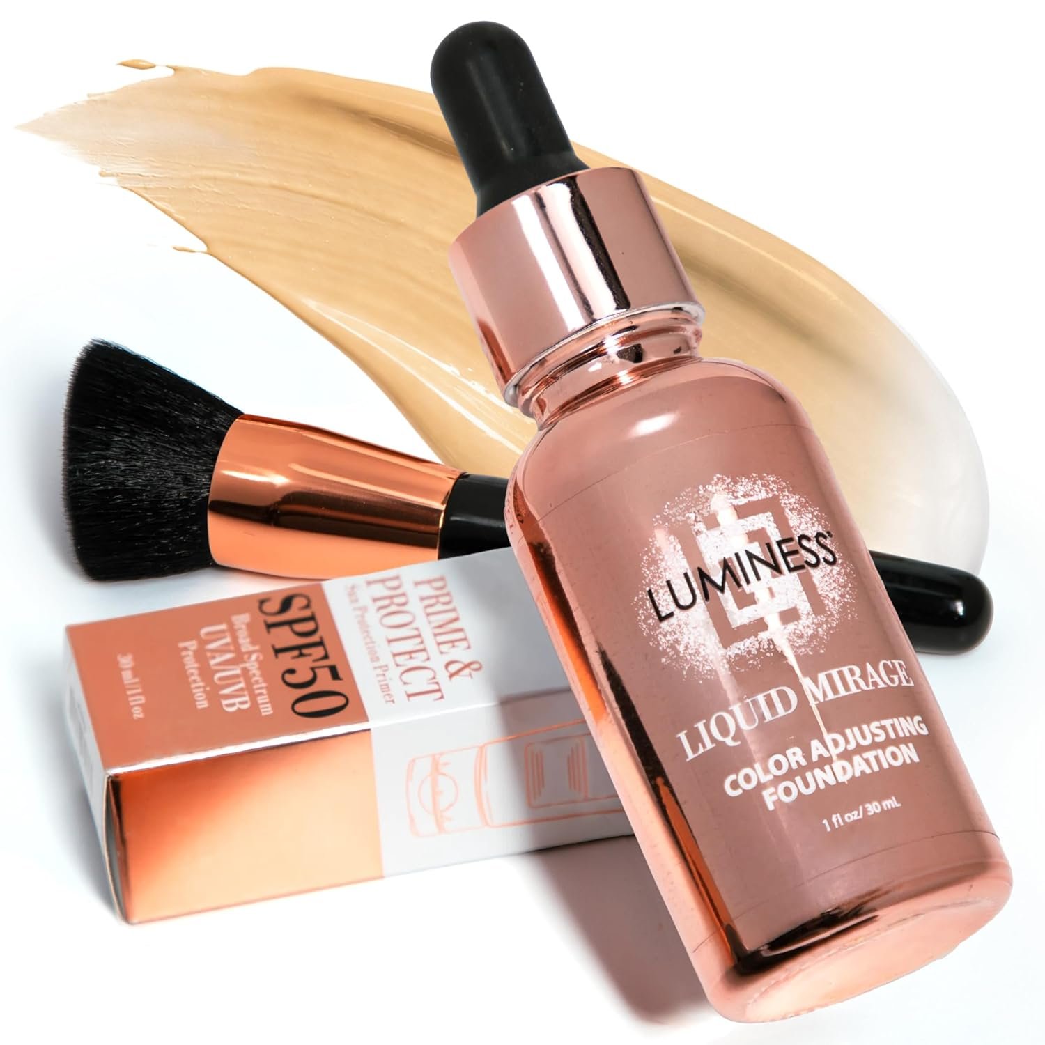 LUMINESS Liquid Mirage w/SPF 50 Color Adjusting Foundation Kit – Color Changing Foundation, SPF 50 Primer & Makeup Brush, Face Makeup for Mature Skin, 4in1 Liquid Foundation, Concealer & Moisturizer