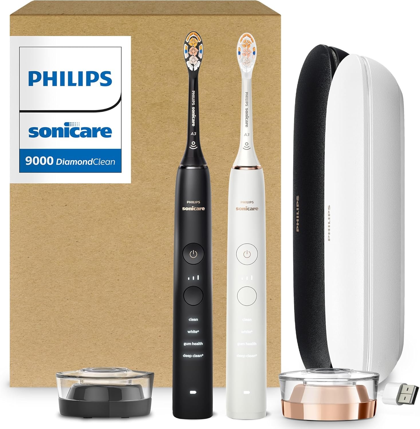 Philips Sonicare DiamondClean 9000 Electric Toothbrush Bundle, HX9912/71 | 2000% More Plaque Removal¹, Visual Pressure Sensor, 12 Brush Settings, App Connected, 14-Day Battery, Black & Rose Gold, 2PK