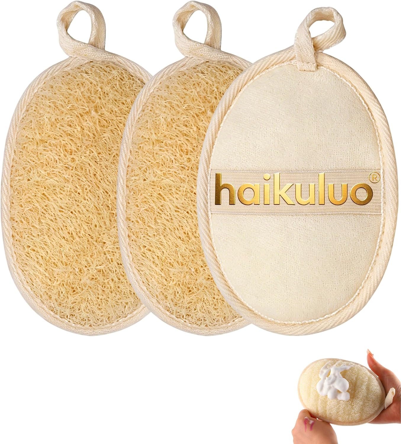 Natural Loofah Body Scrubber Sponge,3 Pack | Body Scrubber,Exfoliator,Bath Sponge,Biodegradable,with Hanging Loop,Gentle Cleanser for Face & Body,for Women and Men