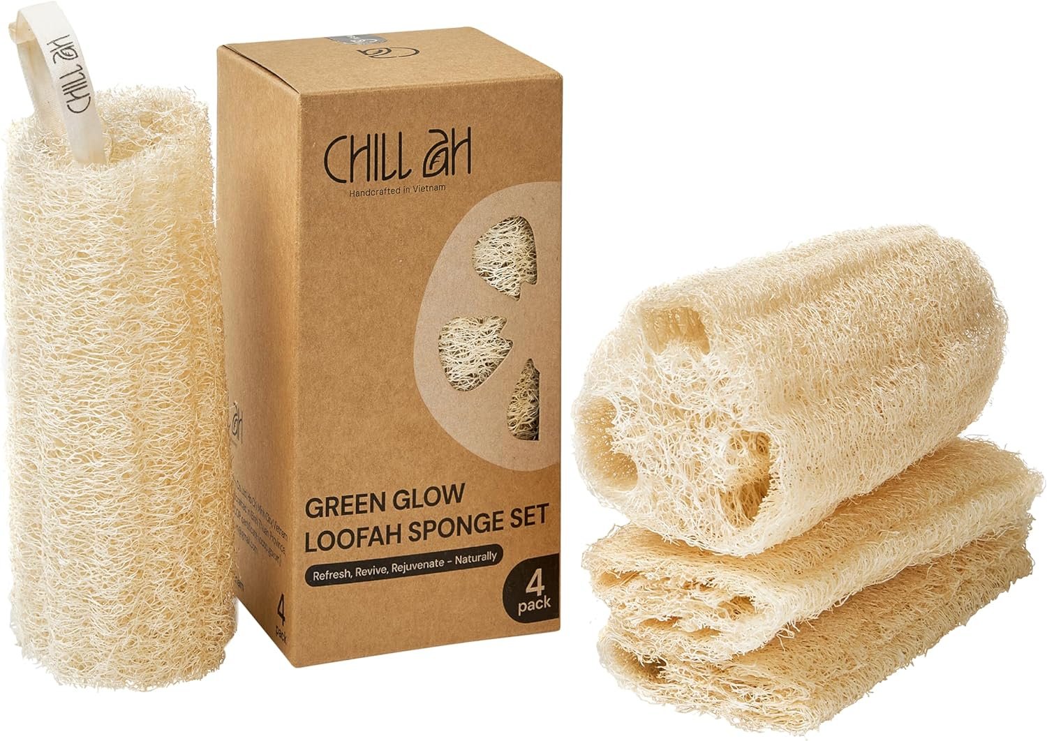 Chill Ah Green Glow Loofah Sponge Set – 100% Plant-Based, Dye-Free, Biodegradable, Scratch-Free, Handcrafted in Vietnam (2-Pack)