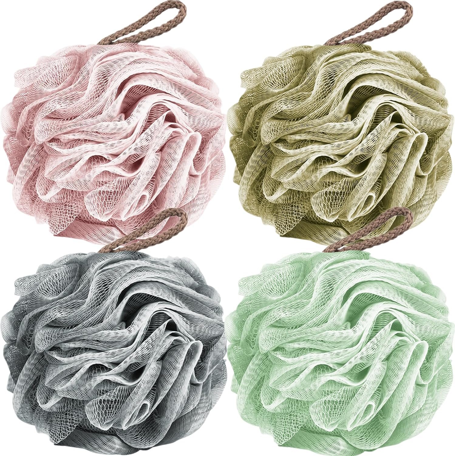 Loofah Sponge Shower Loofahs 4 Colors Bath Sponges Body Scrubbers | Mesh Balls 60g Luffa for Rich Lather Exfoliating Wash Back Scrubber Bathroom Men Women 4 Pack Cleaning Bathing Accessories